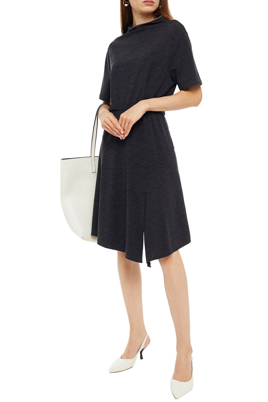 BRUNELLO CUCINELLI Bead-embellished gathered slub wool-blend jersey dress