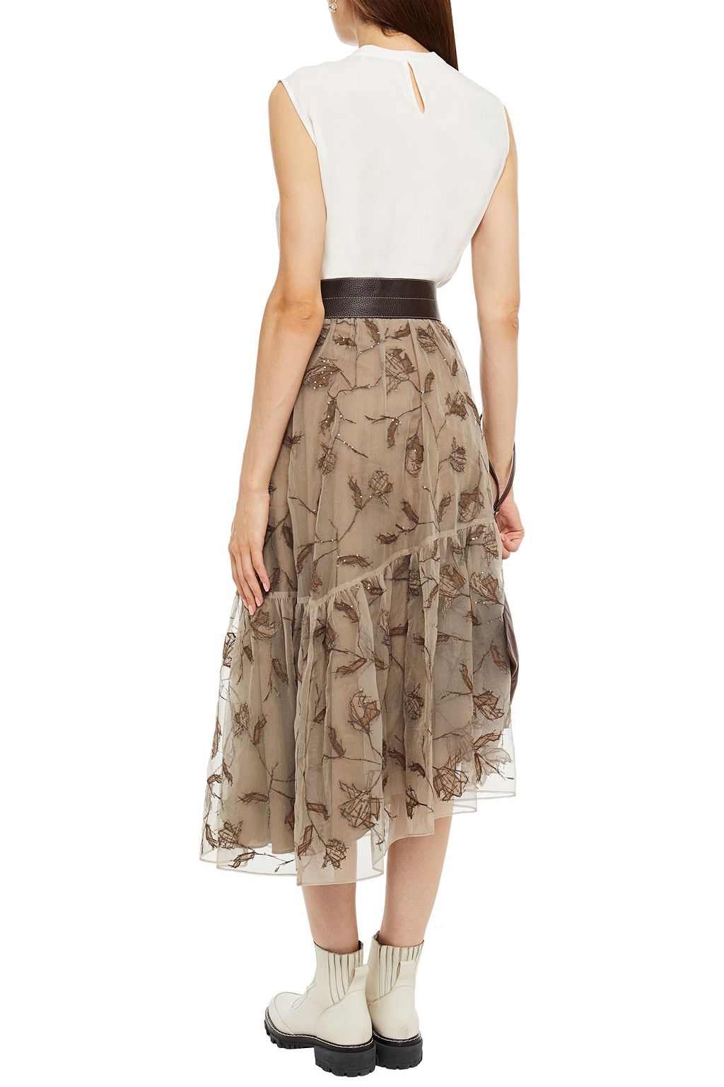 BRUNELLO CUCINELLI Bead-embellished silk-blend charmeuse top