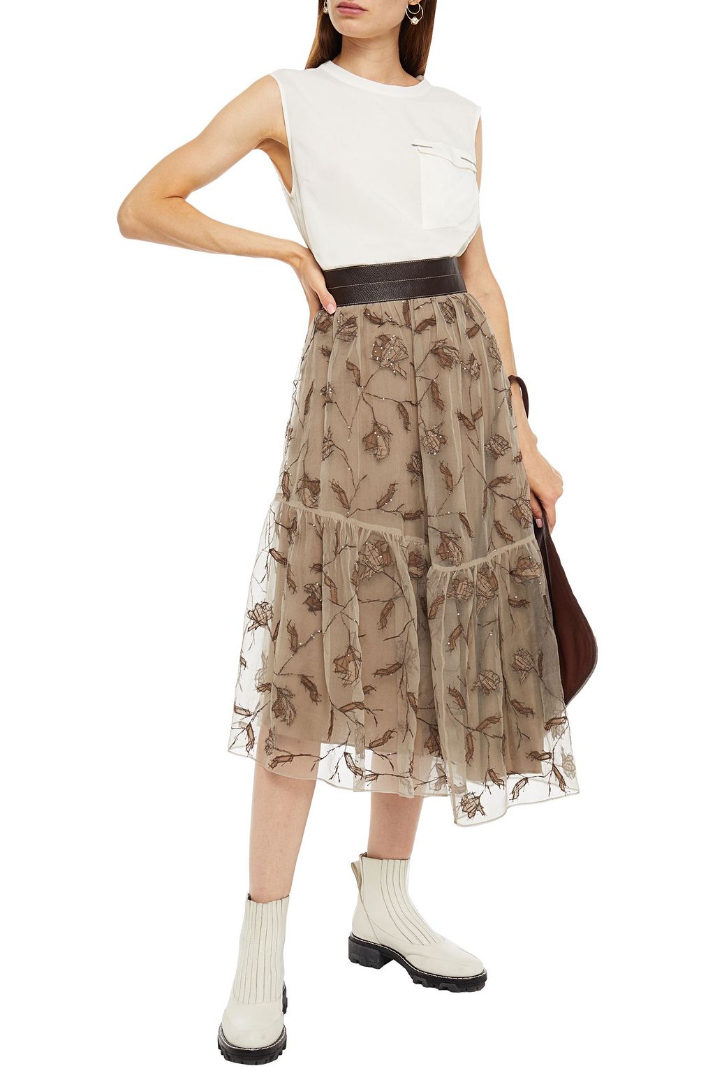 BRUNELLO CUCINELLI Bead-embellished silk-blend charmeuse top