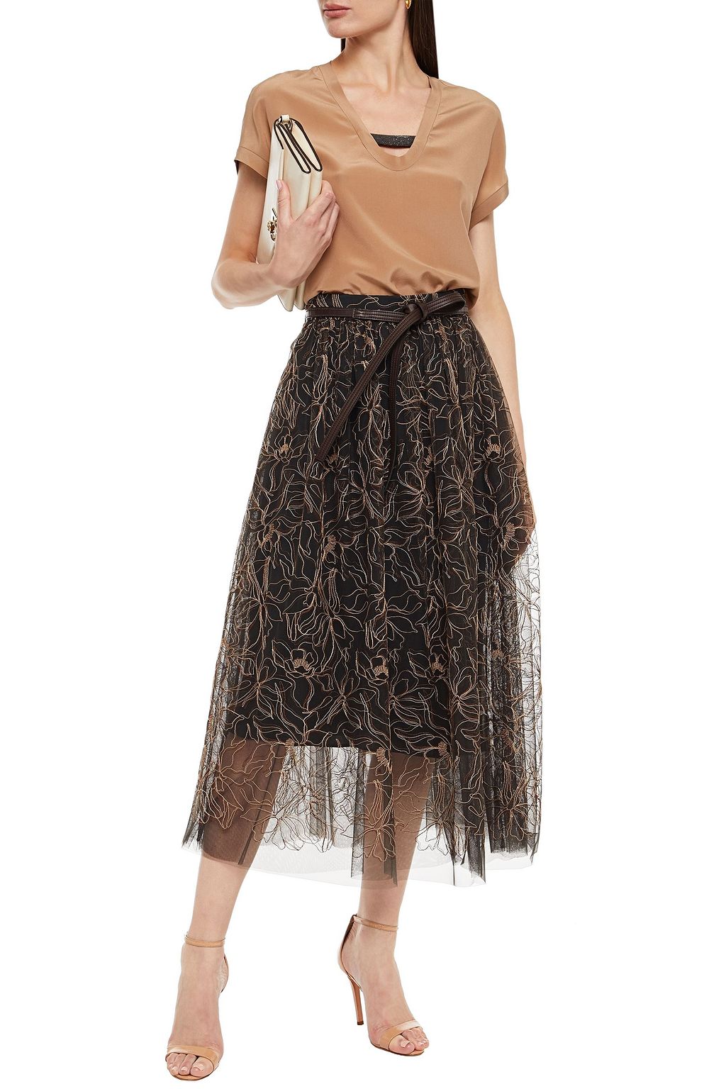 BRUNELLO CUCINELLI Bead-embellished silk crepe de chine top