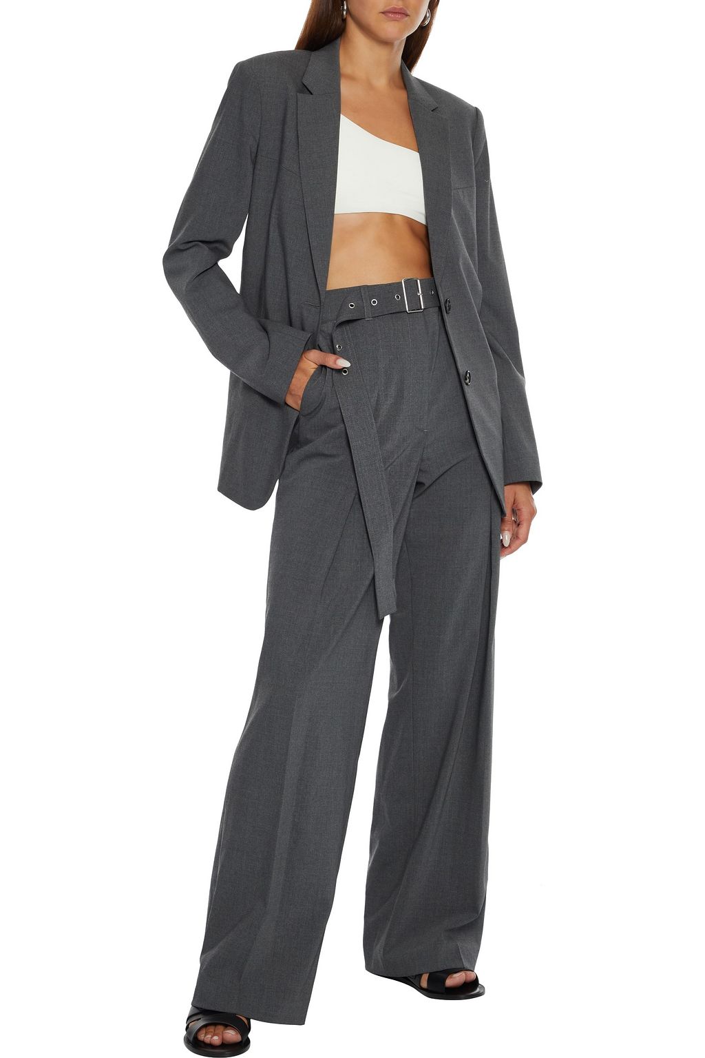 HELMUT LANG Belted mélange wool-blend wide-leg pants
