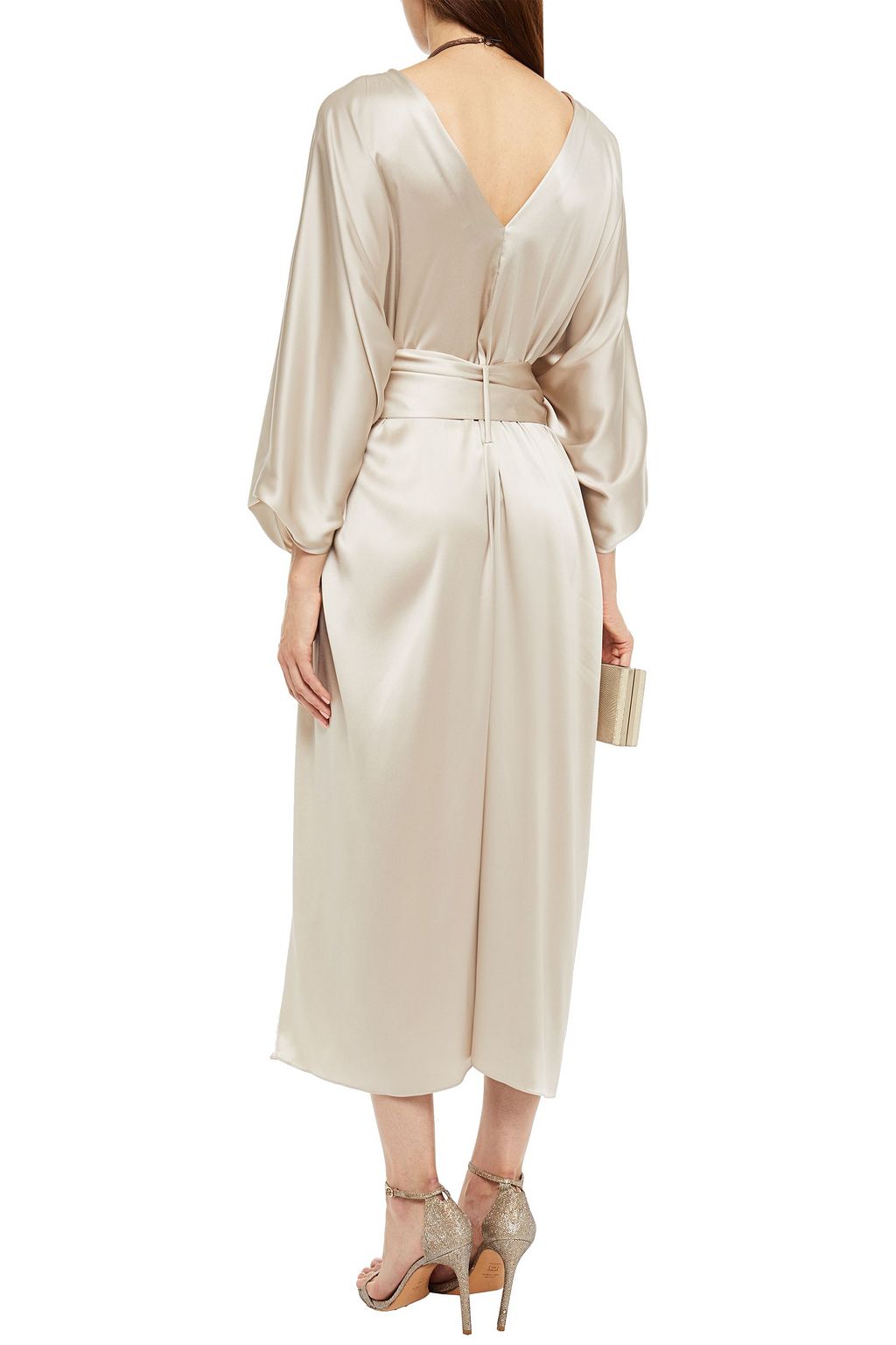 BRUNELLO CUCINELLI Bead-embellished gathered silk-blend satin midi dress