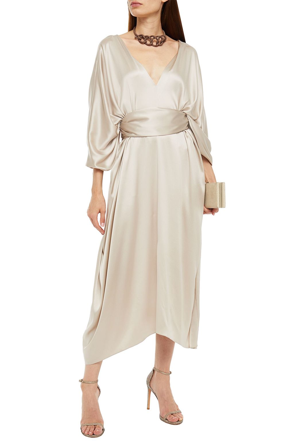 BRUNELLO CUCINELLI Bead-embellished gathered silk-blend satin midi dress