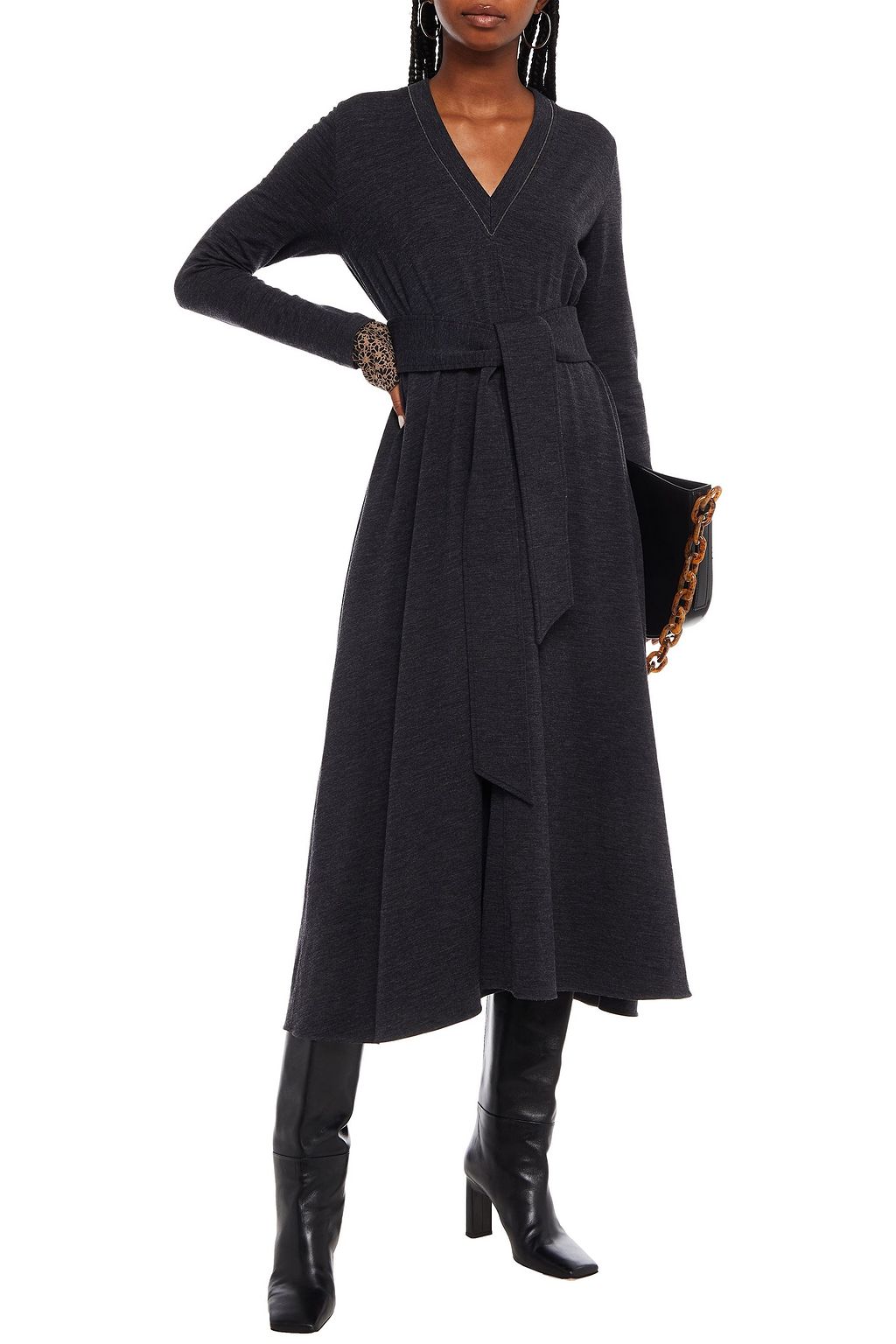 BRUNELLO CUCINELLI Embellished mélange wool-blend jersey midi dress