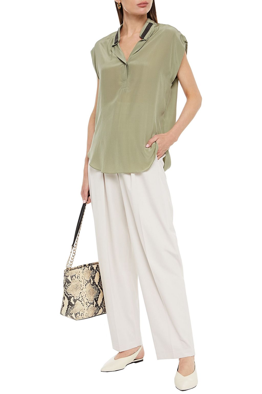 BRUNELLO CUCINELLI Bead-embellished silk-charmeuse top