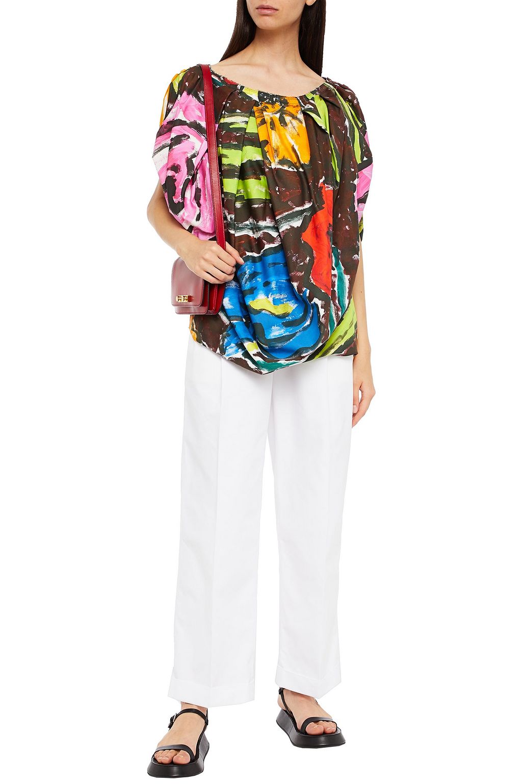 MARNI Pleated printed cotton and linen-blend top