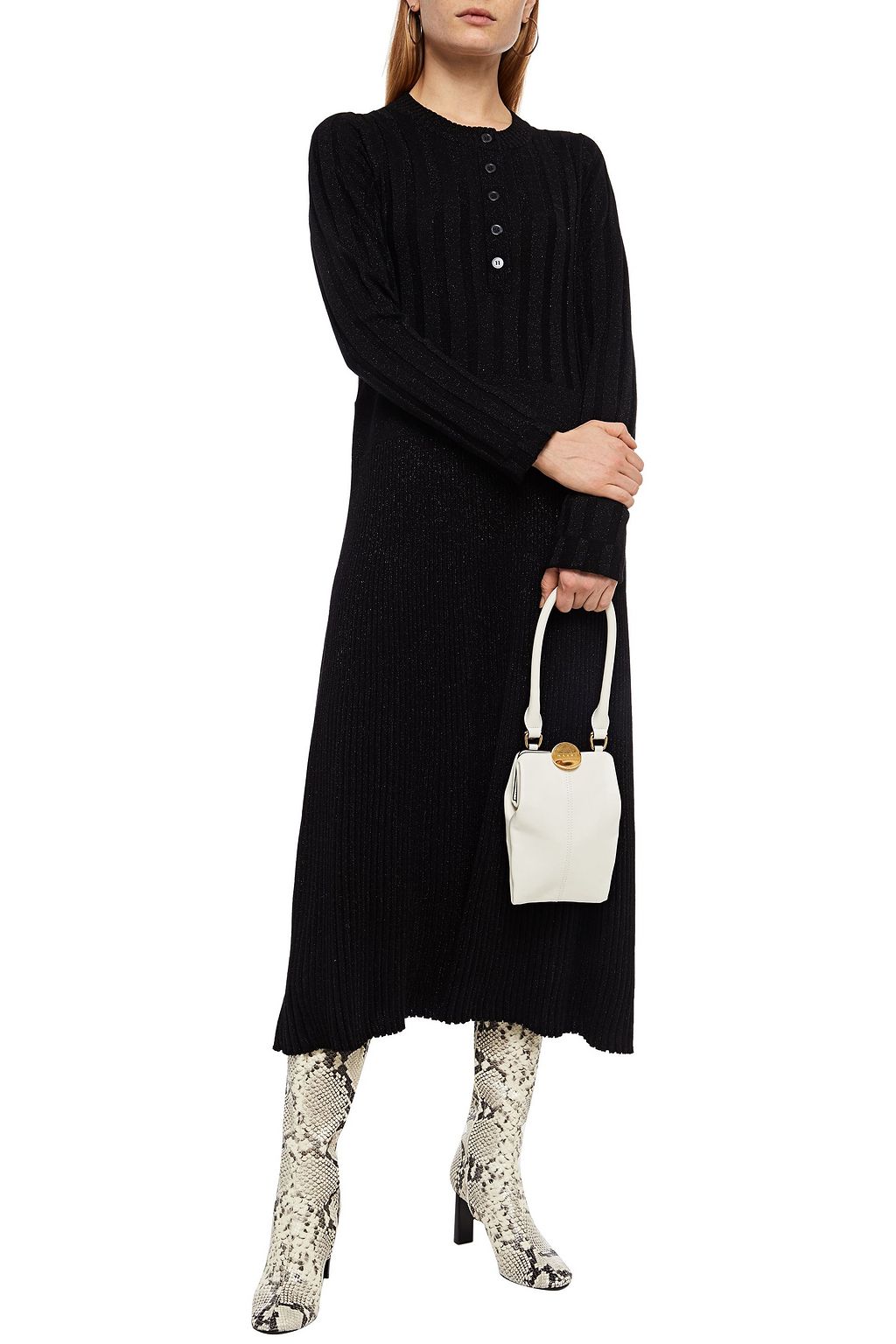 MARNI Metallic ribbed wool-blend midi dress