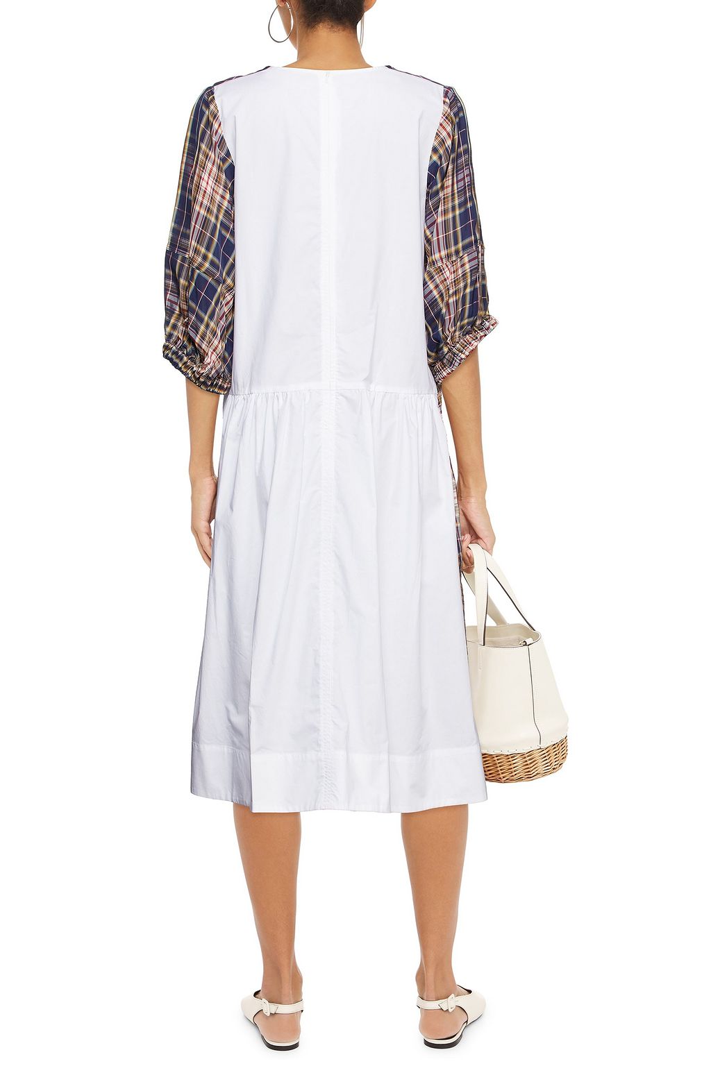 SEA Rooney checked woven and cotton-poplin midi dress