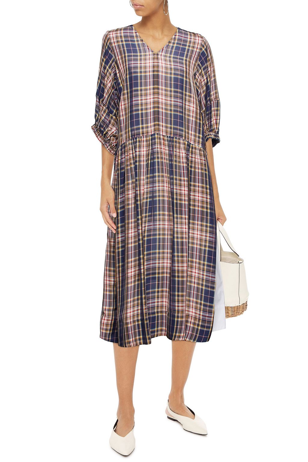 SEA Rooney checked woven and cotton-poplin midi dress