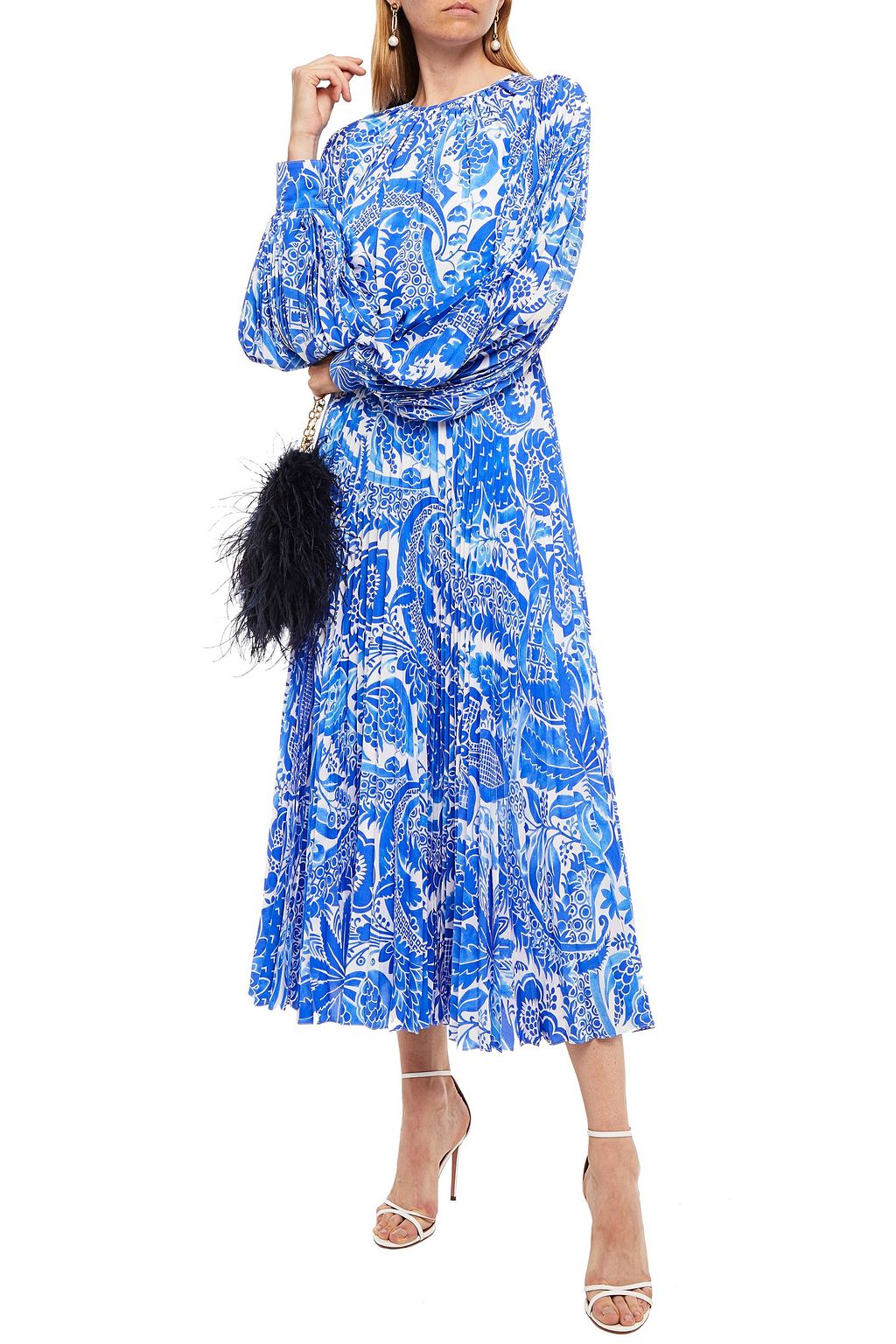 ANDREW GN Pleated printed silk crepe de chine midi dress