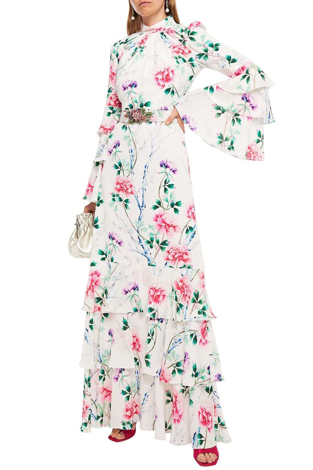 ANDREW GN Embellished gathered floral-print silk crepe de chine gown
