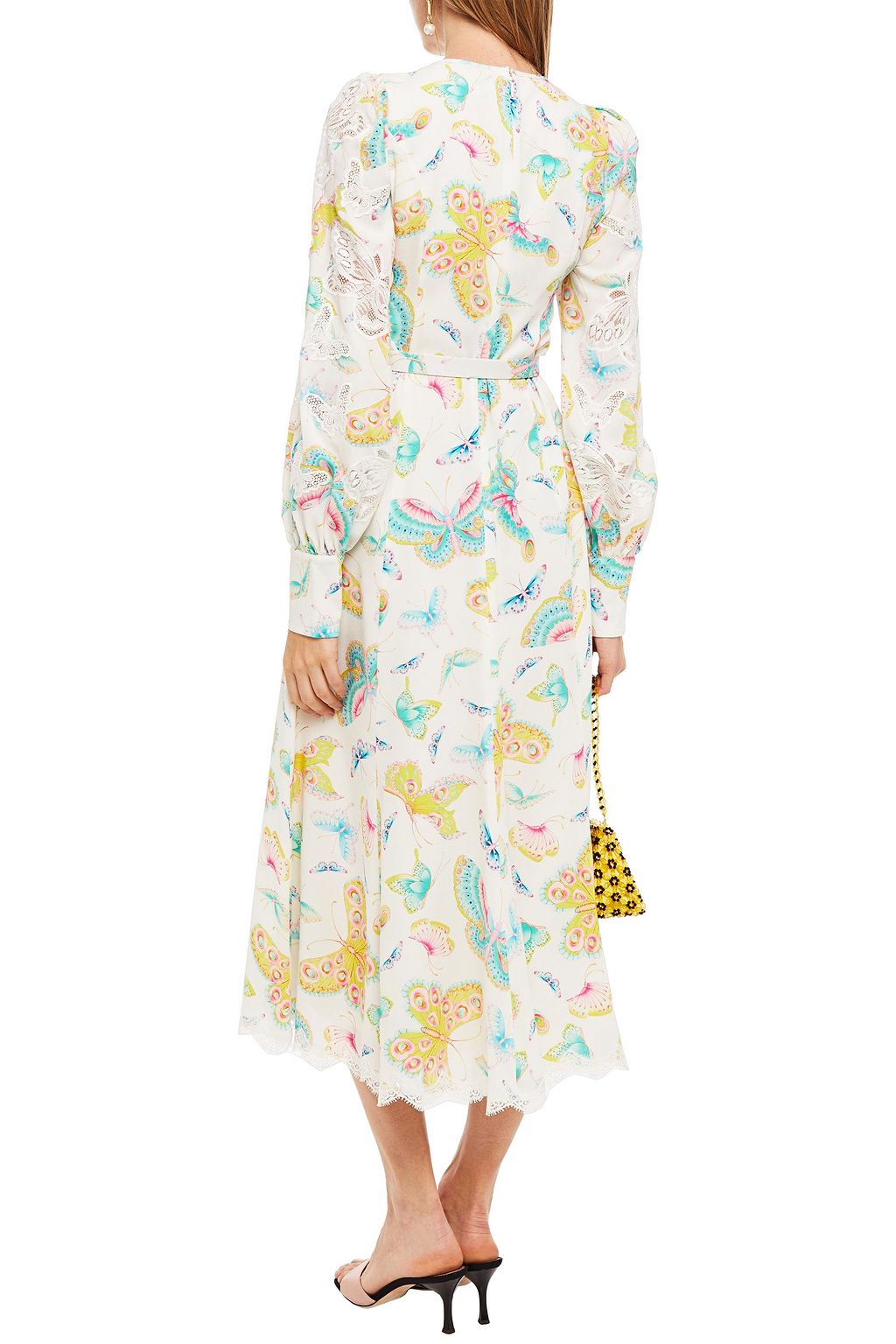 ANDREW GN Lace-trimmed printed silk-blend crepe de chine midi dress