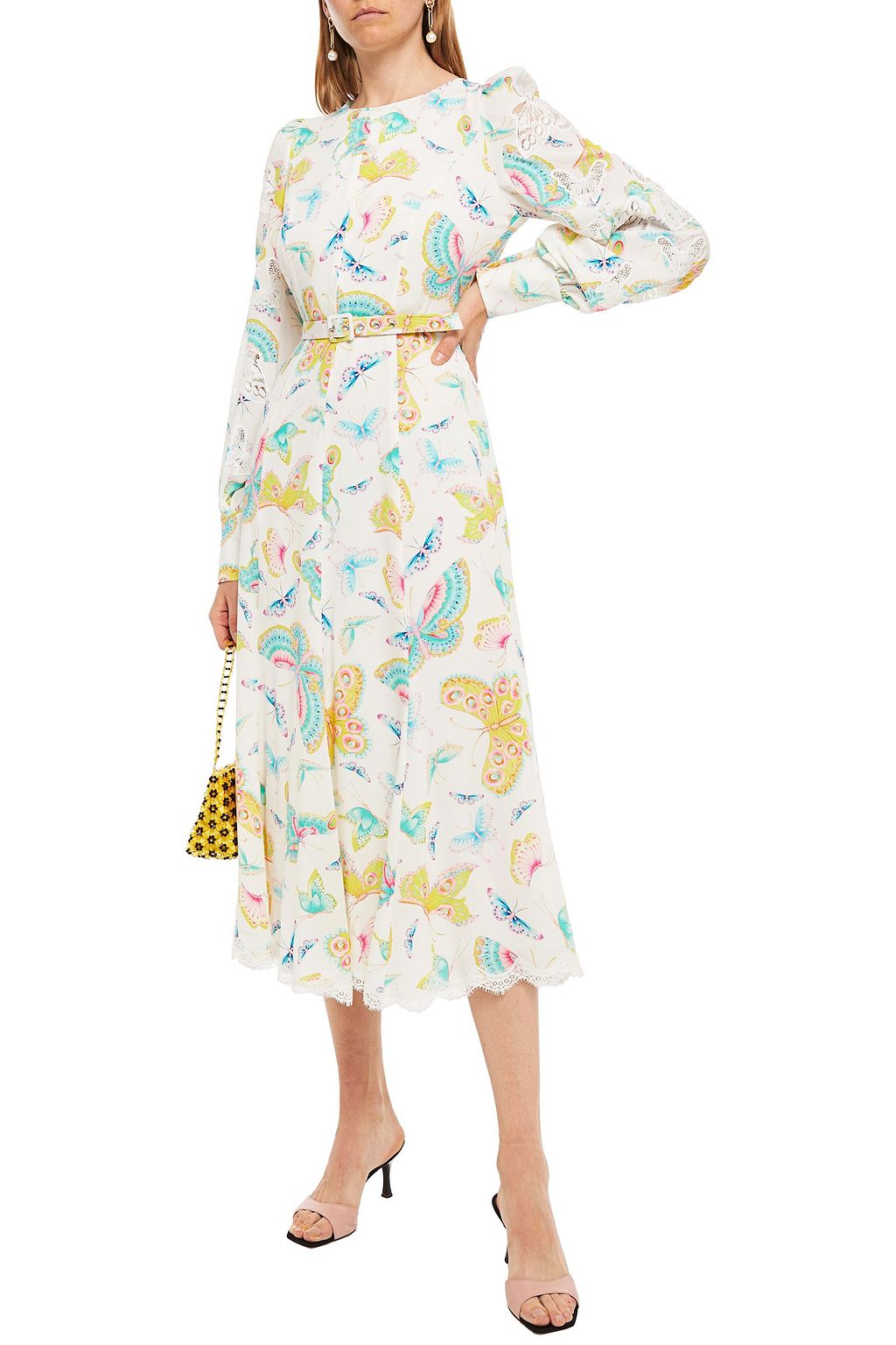 ANDREW GN Lace-trimmed printed silk-blend crepe de chine midi dress