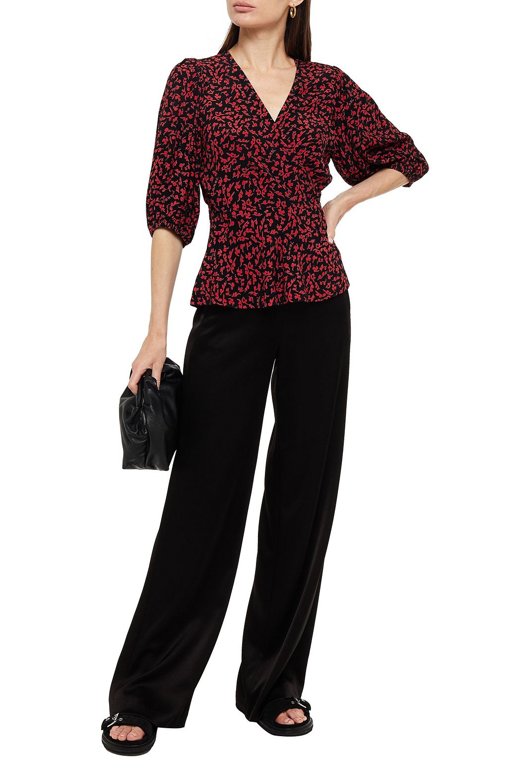 GANNI Checked crepe wrap top