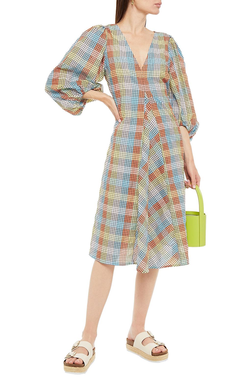 GANNI Gathered checked cotton-blend seersucker dress | THE OUTNET