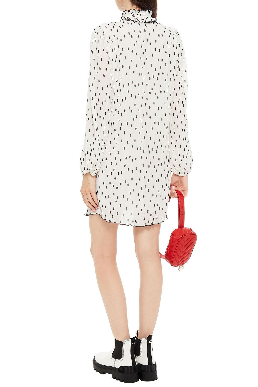 GANNI Ruffle-trimmed polka-dot plissé-chiffon mini dress