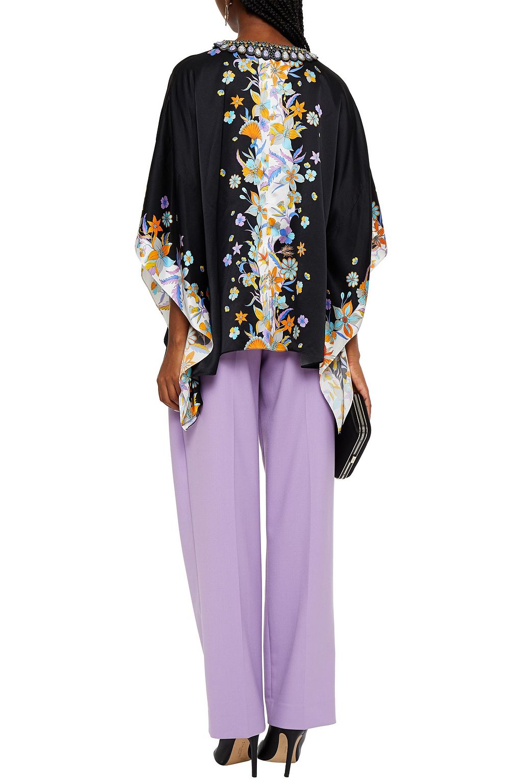 ANDREW GN Embellished floral-print silk-blend satin top