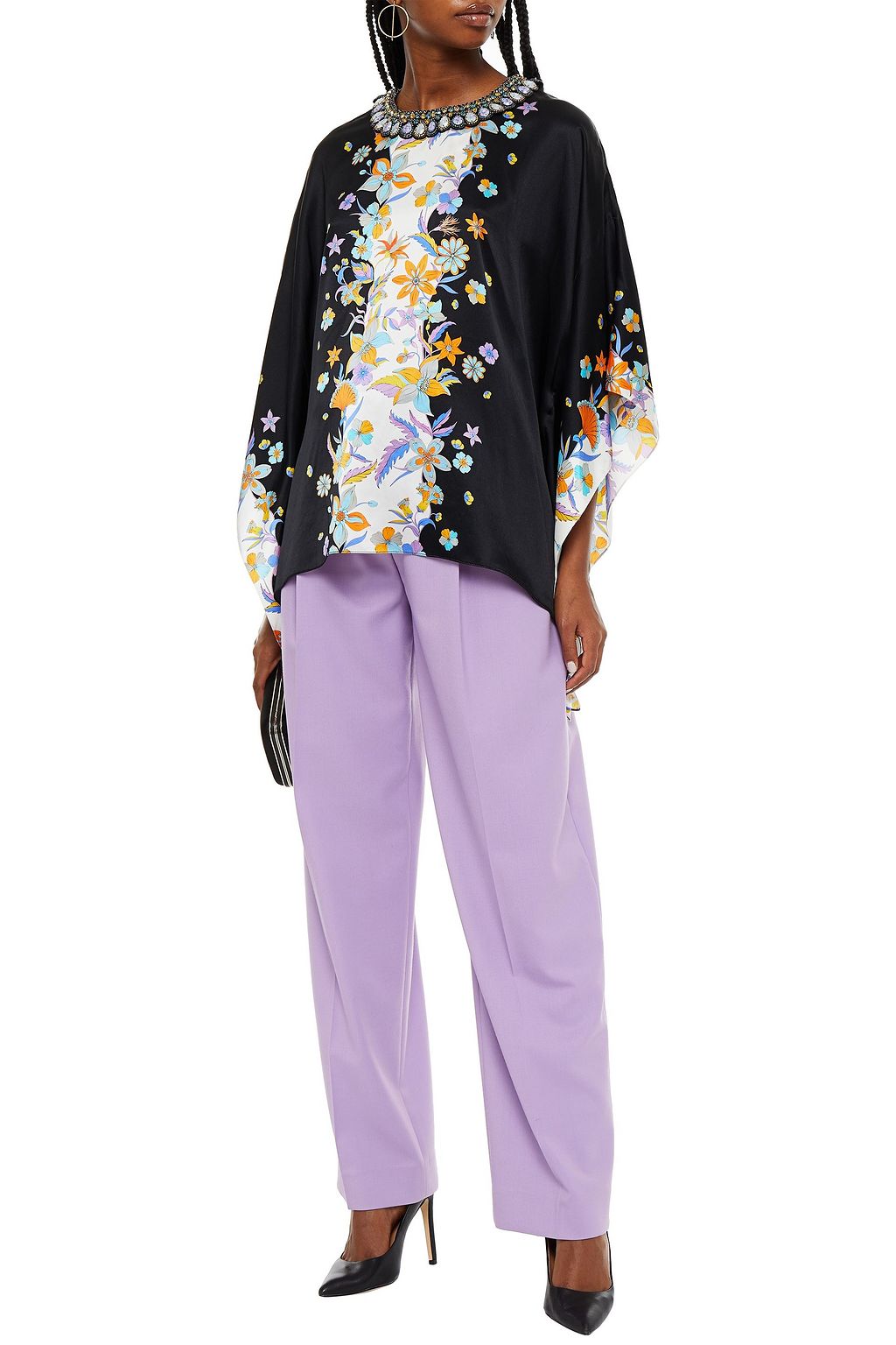 ANDREW GN Embellished floral-print silk-blend satin top