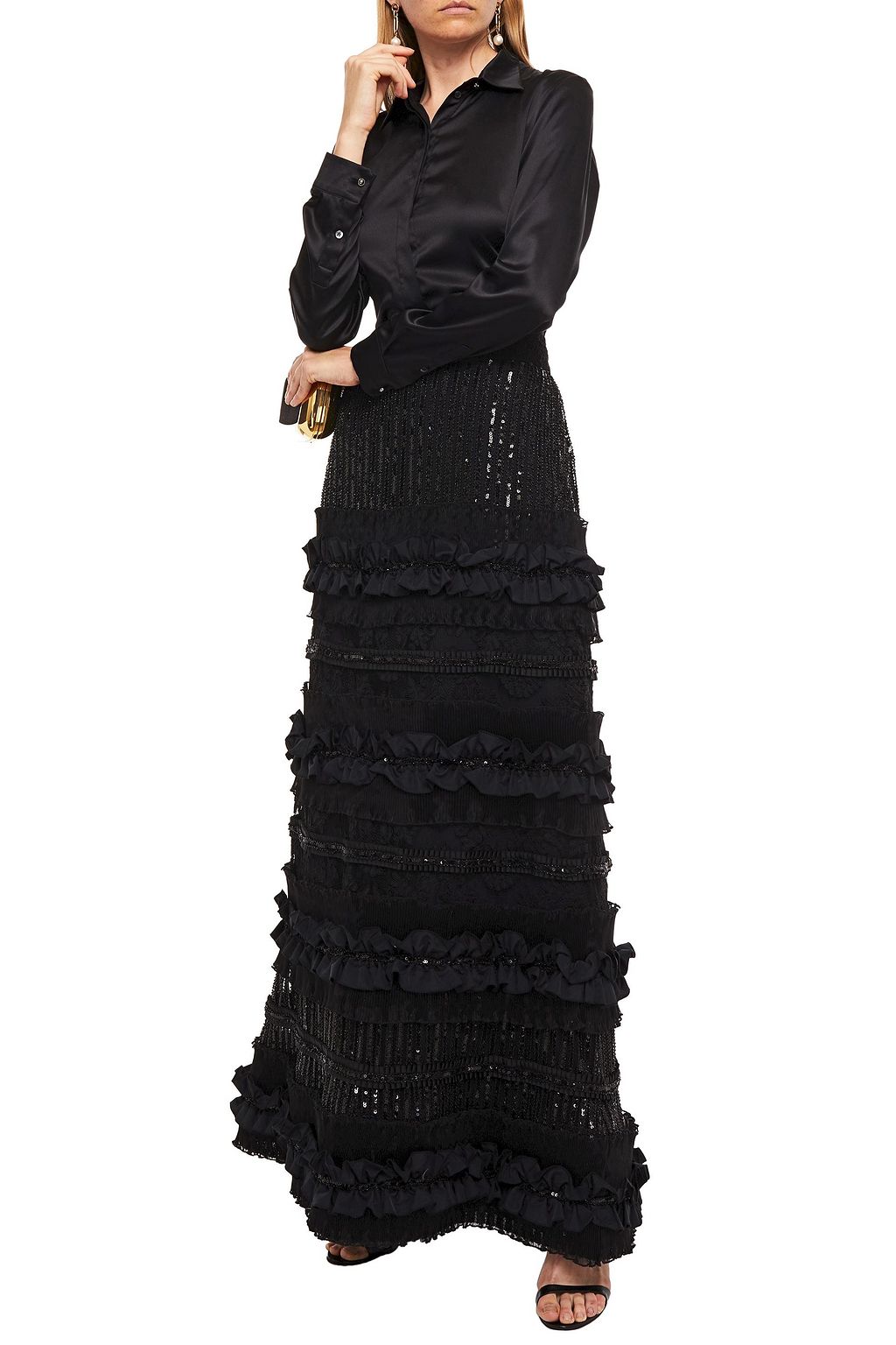 ALICE + OLIVIA Embellished ruffled taffeta maxi skirt