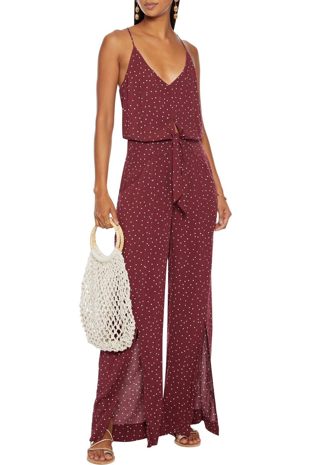 VIX PAULA HERMANNY Lola Nora split-front knotted polka-dot voile jumpsuit