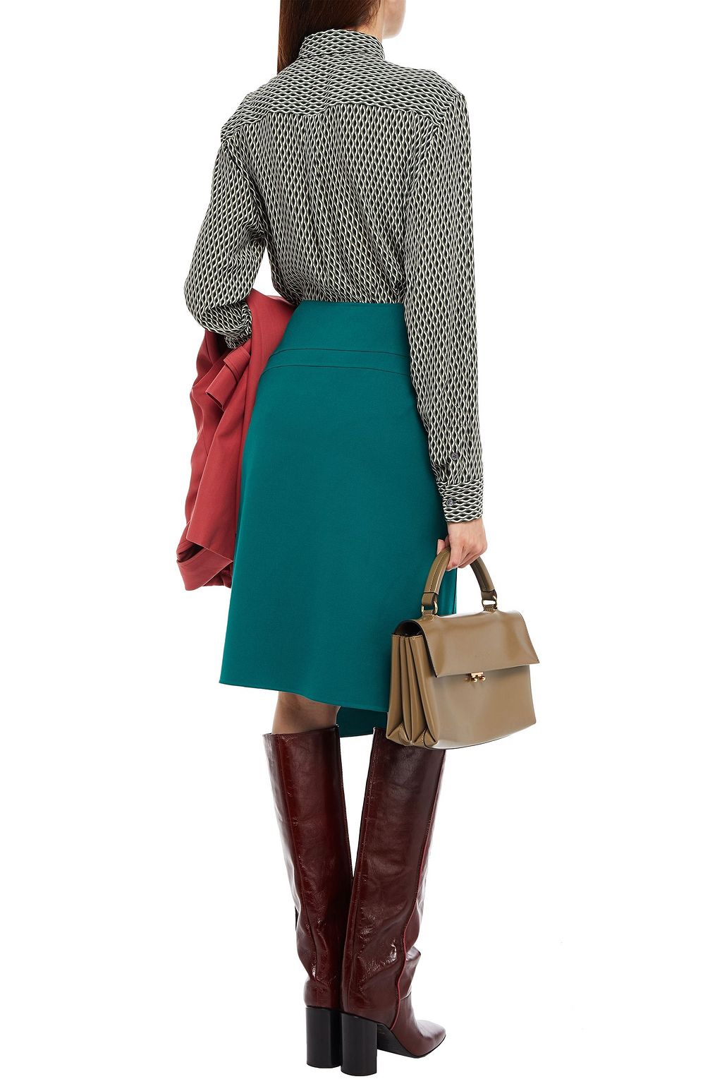 LORO PIANA Leather-trimmed wool-blend jersey wrap skirt