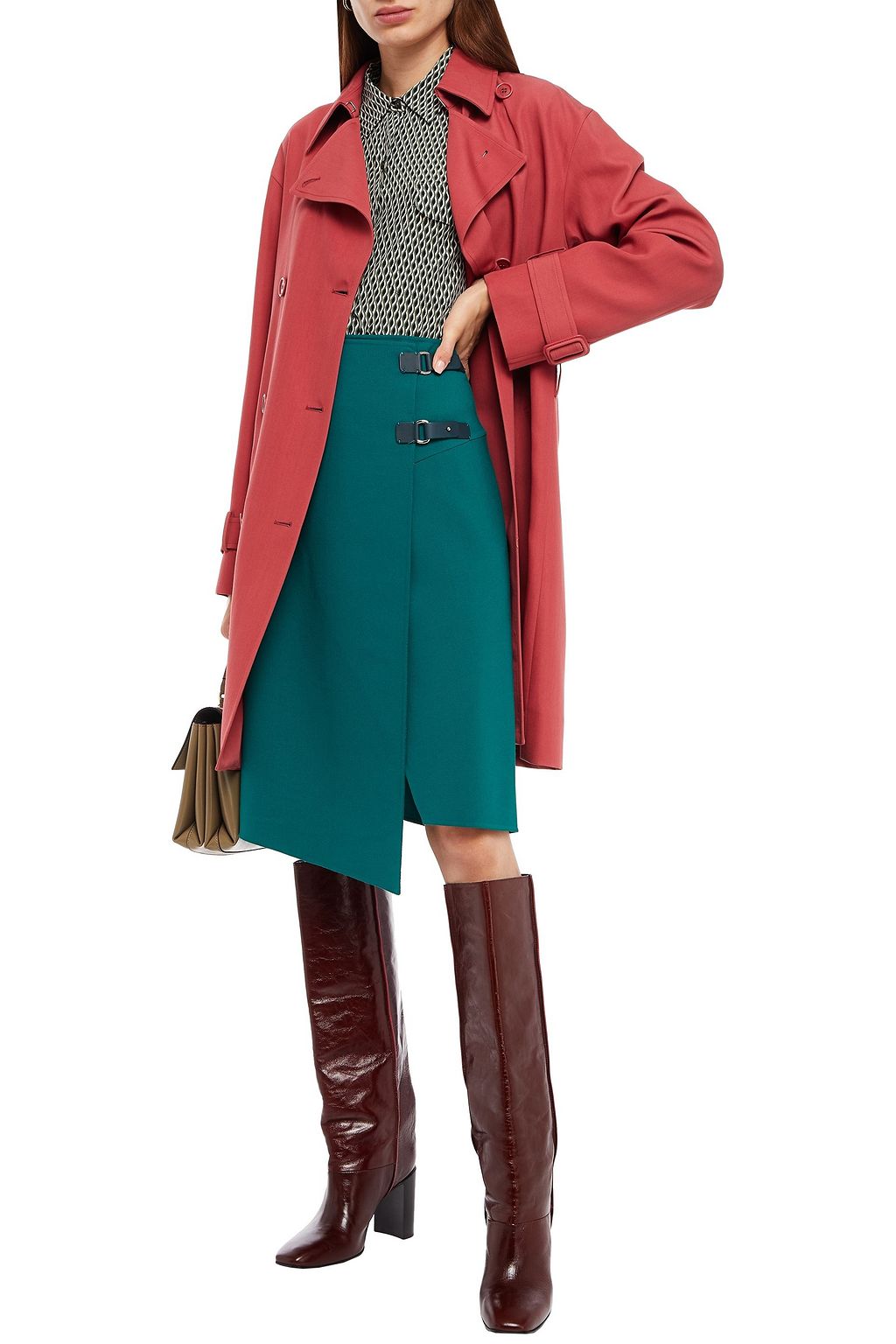 LORO PIANA Leather-trimmed wool-blend jersey wrap skirt