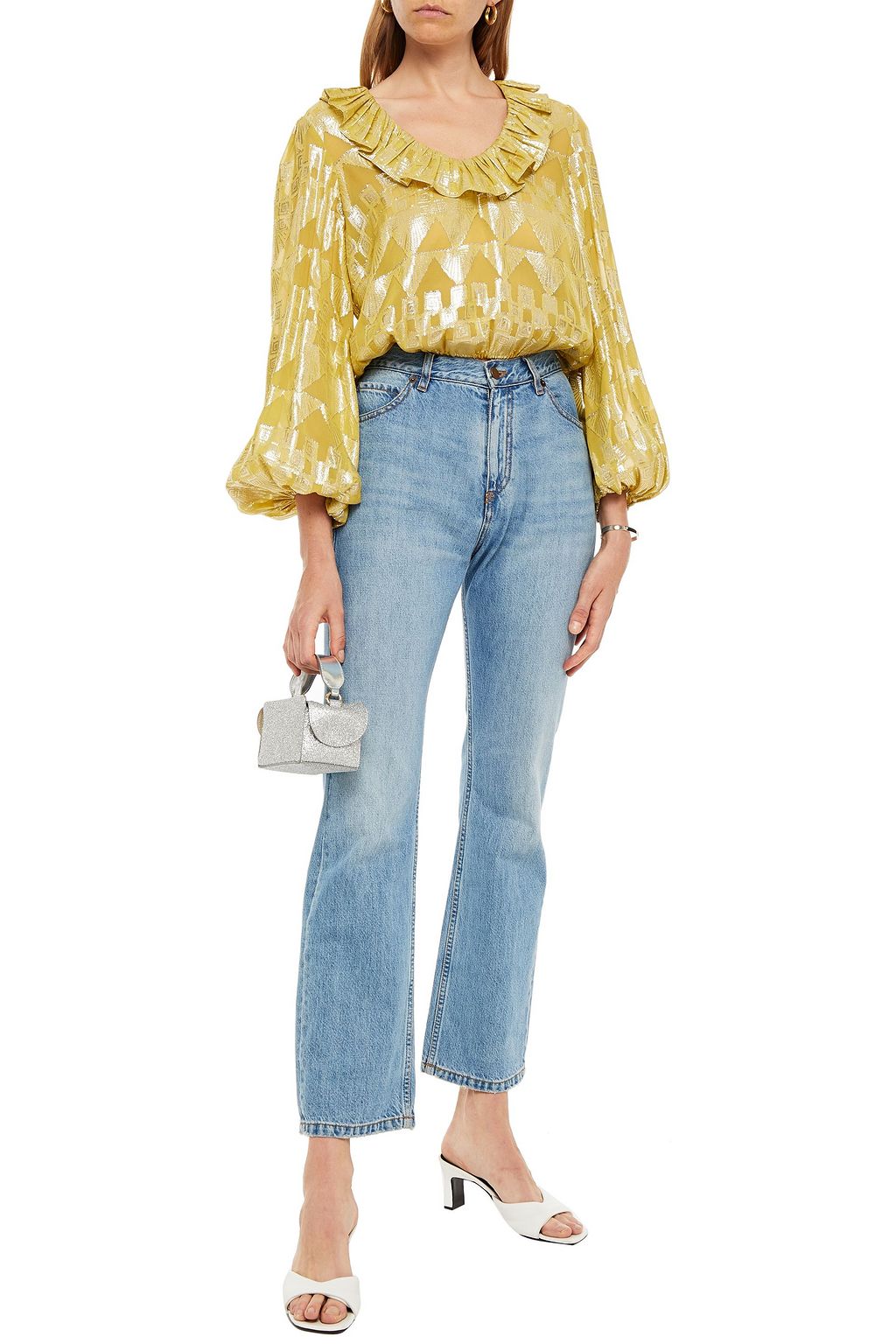 RIXO Joanna ruffled metallic fil coupé blouse