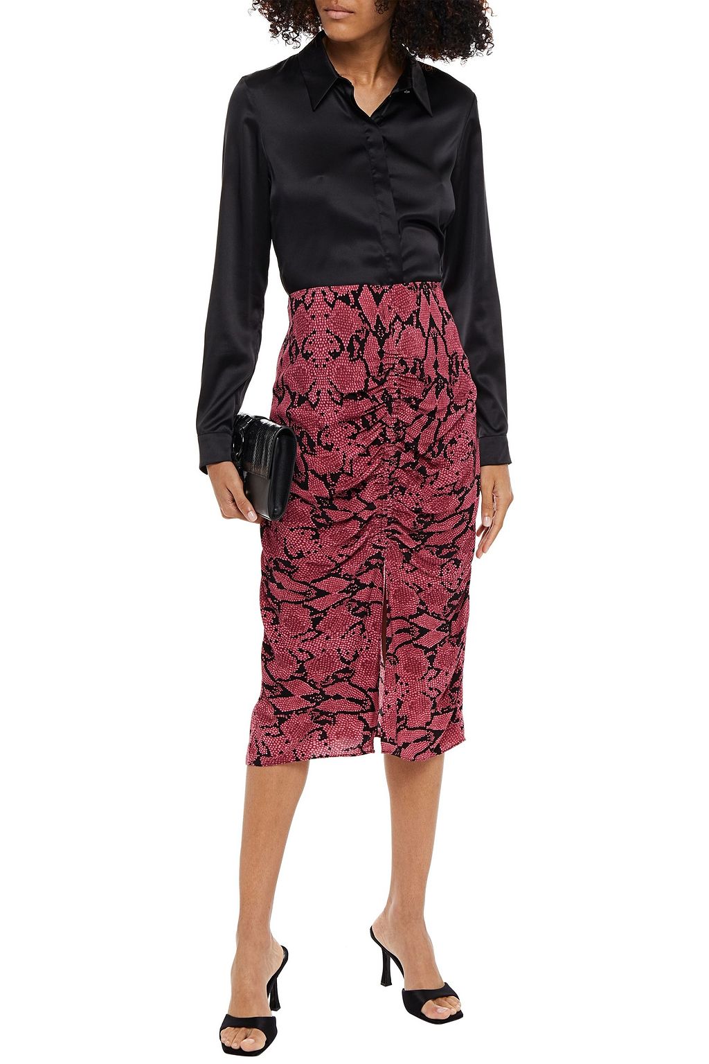 BA&SH Carr ruched snake-print crepe midi skirt