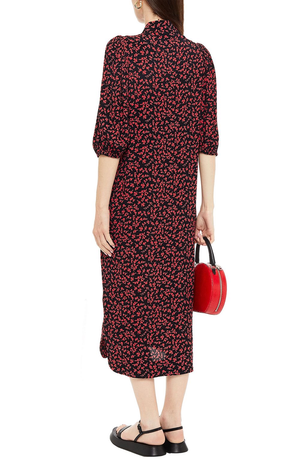 GANNI Gathered printed crepe midi shirt dress