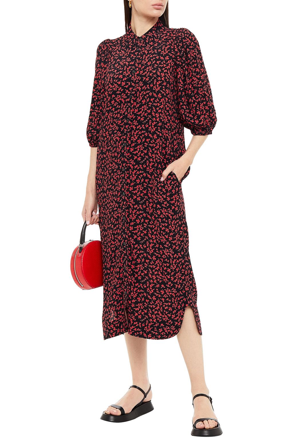 GANNI Gathered printed crepe midi shirt dress