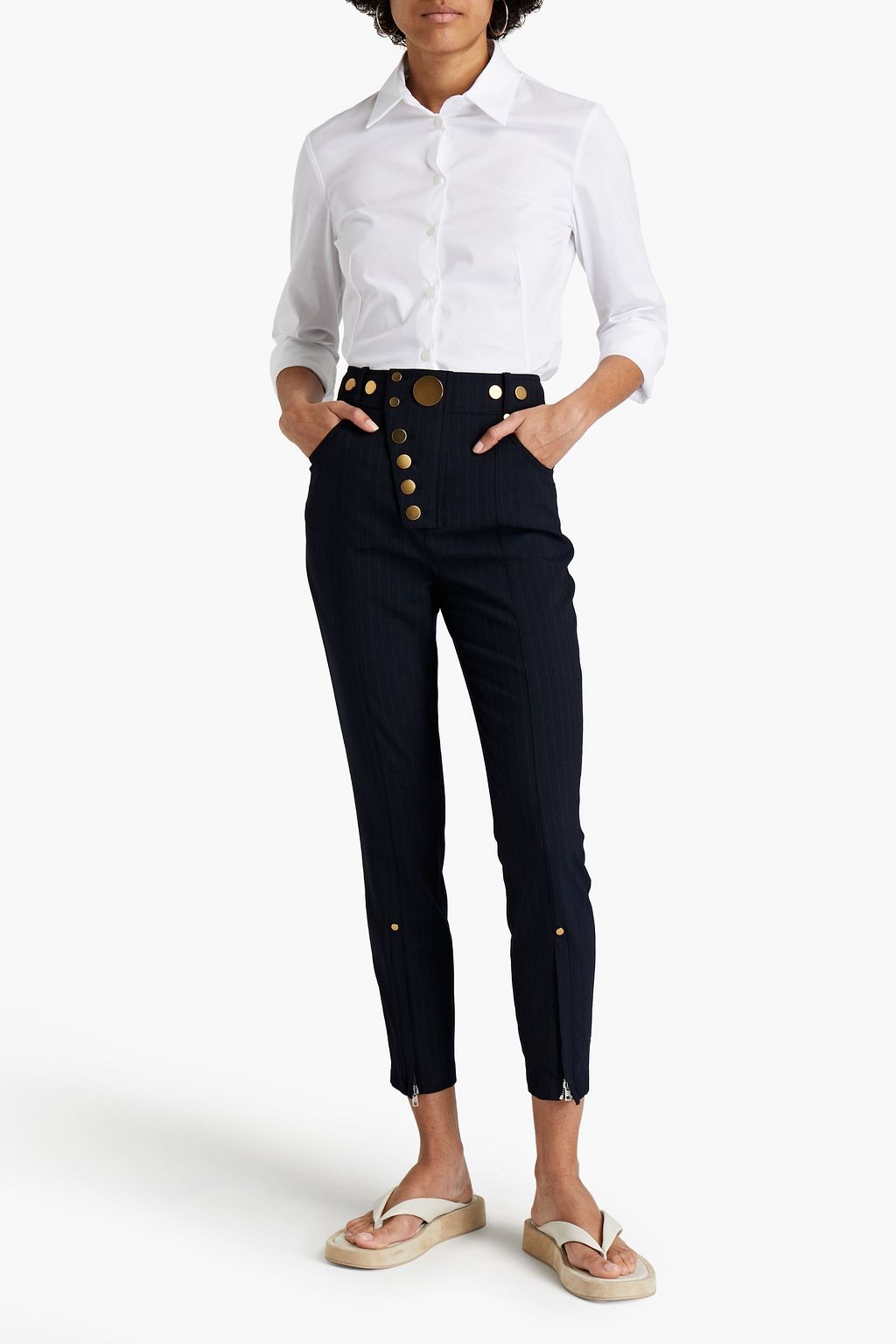 ALEXANDER WANG Cropped button-embellished pinstriped flannel leggings