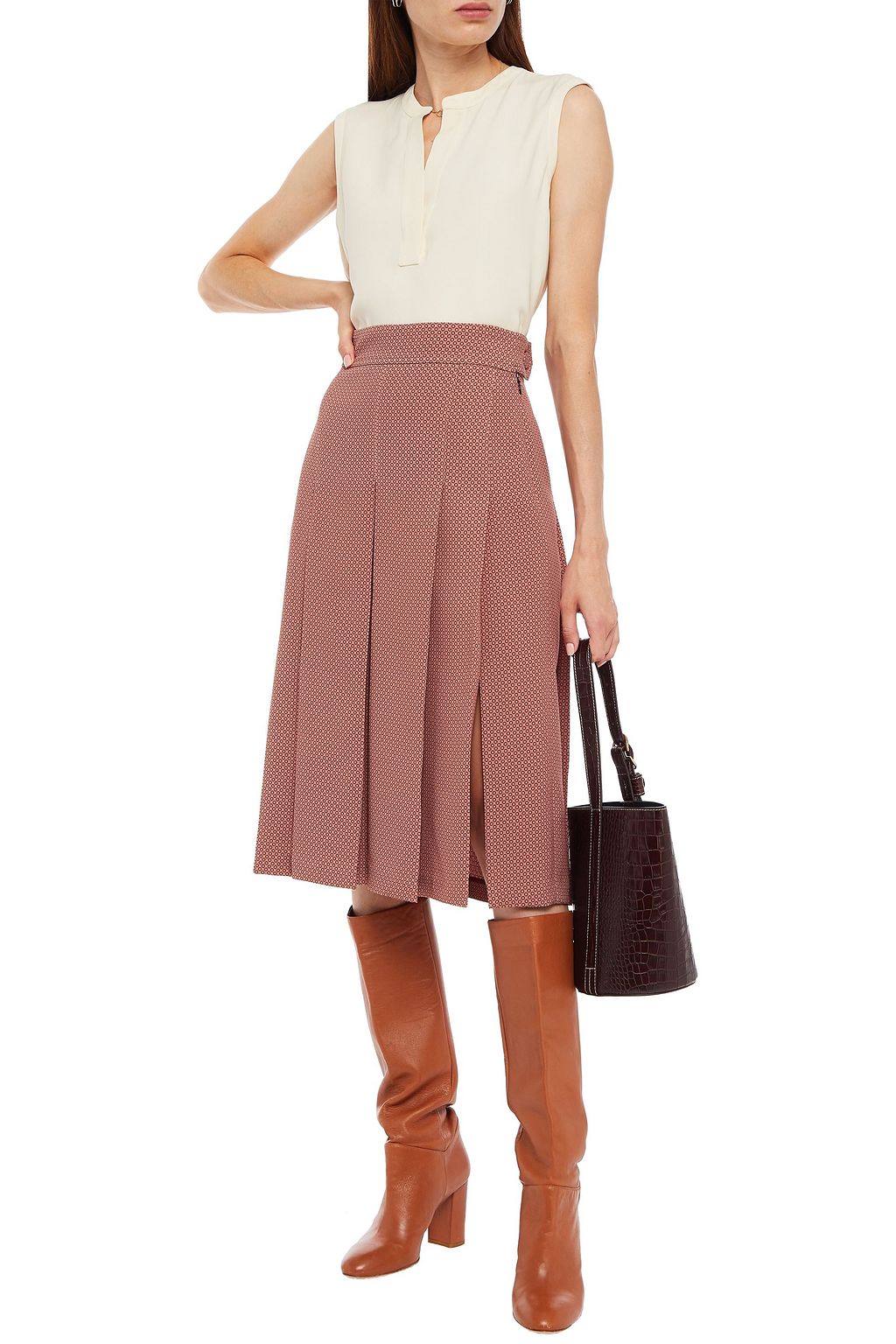 LORO PIANA Pleated printed silk-blend crepe skirt