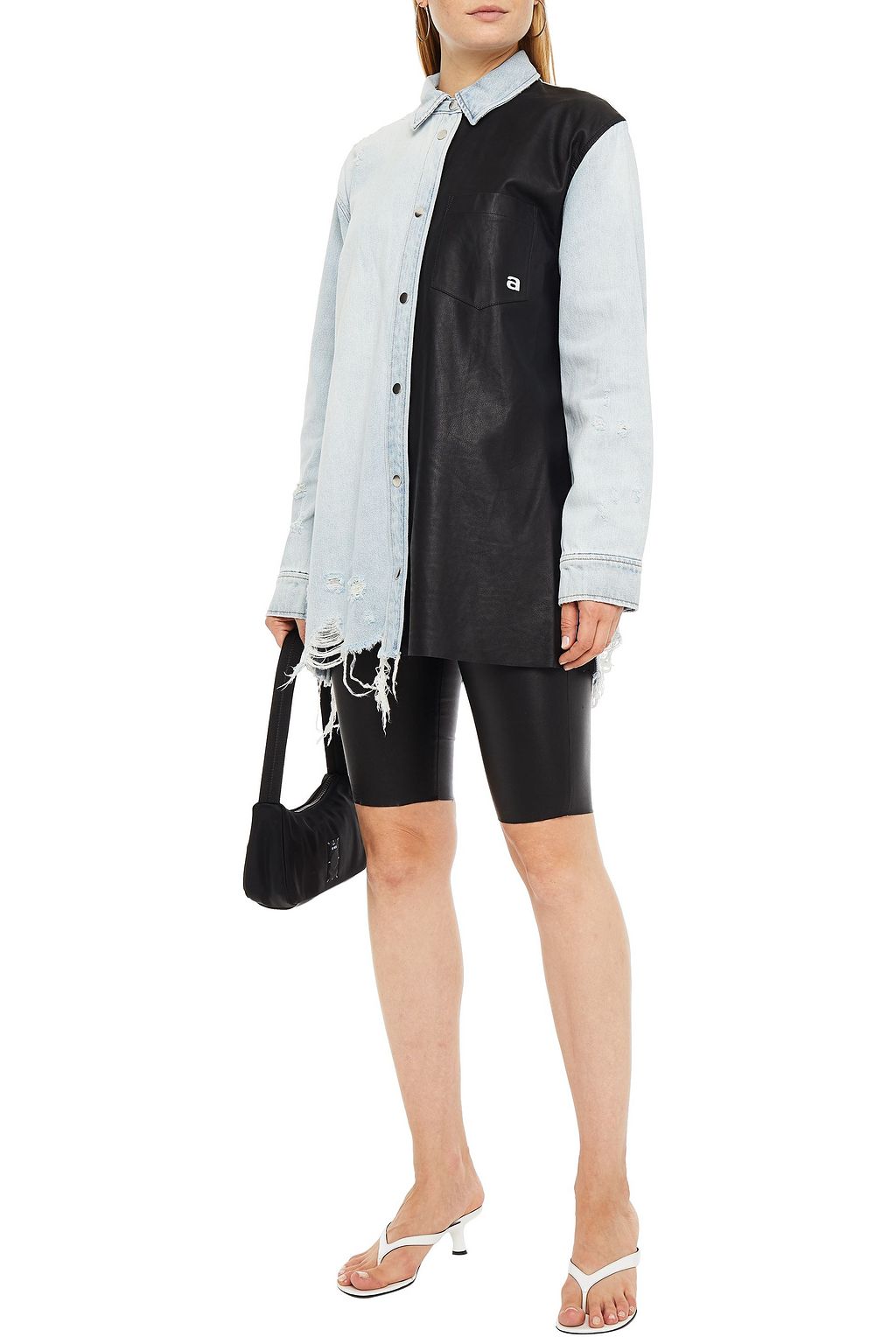 ALEXANDER WANG Leather-paneled distressed denim jacket