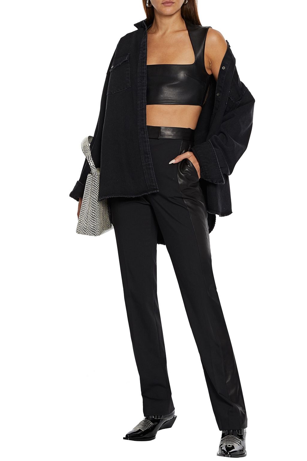 HELMUT LANG Leather-paneled wool-blend straight-leg pants