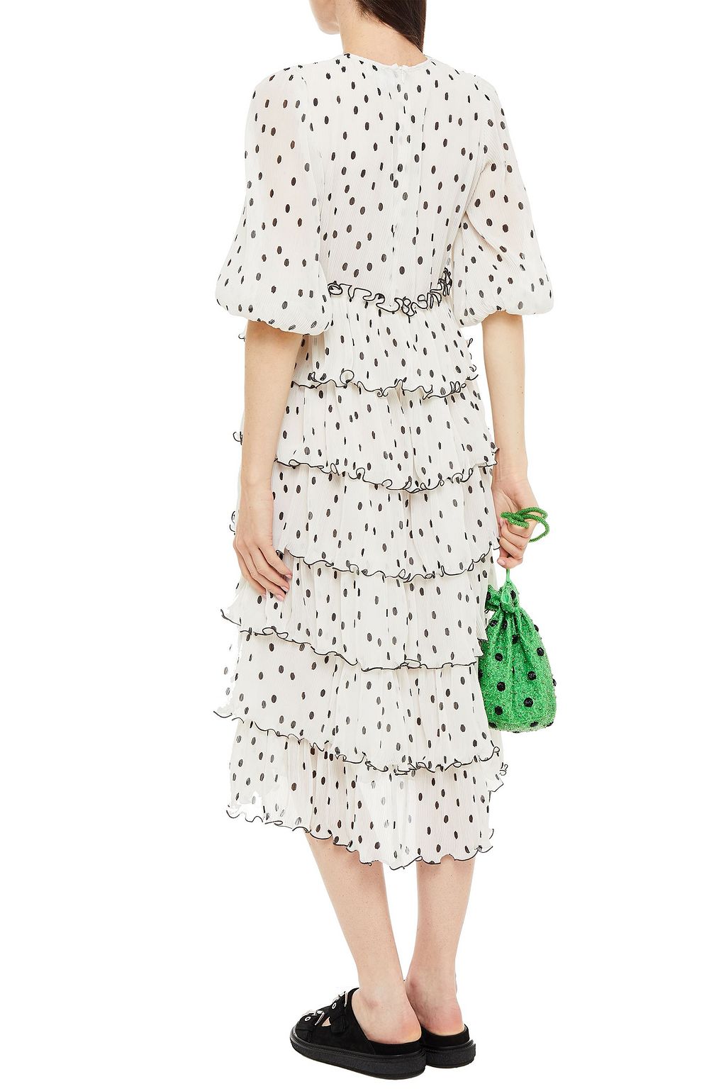 GANNI Tiered polka-dot plissé-chiffon midi dress