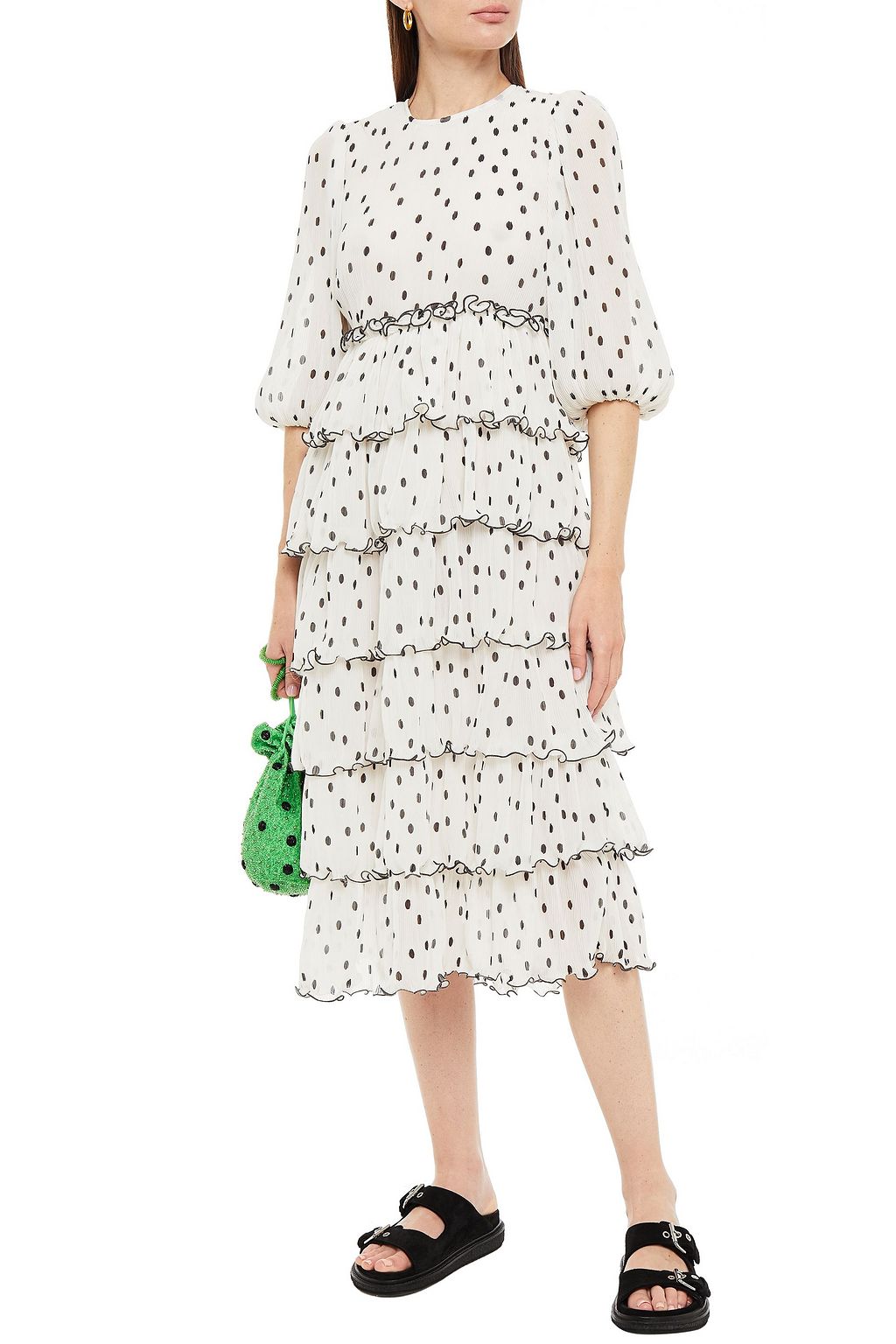 GANNI Tiered polka-dot plissé-chiffon midi dress