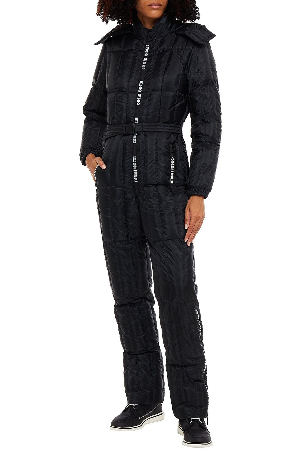 IENKI IENKI Belted logo-print quilted shell hooded down jumpsuit