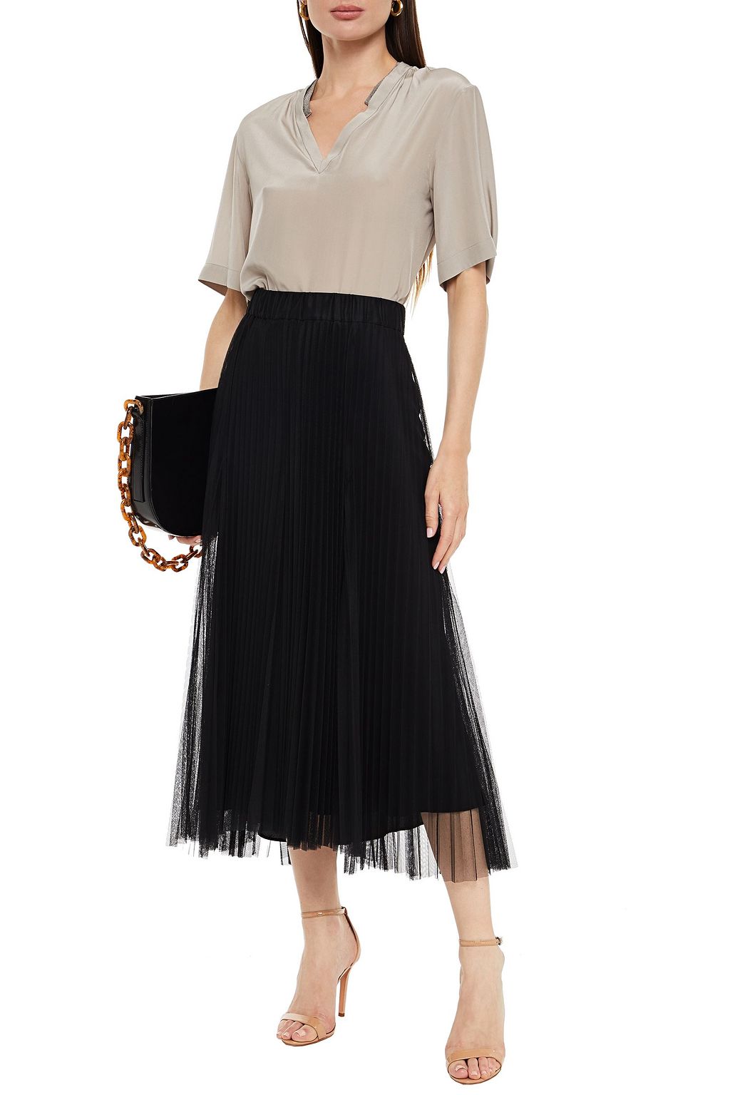 BRUNELLO CUCINELLI Bead-embellished silk crepe de chine top