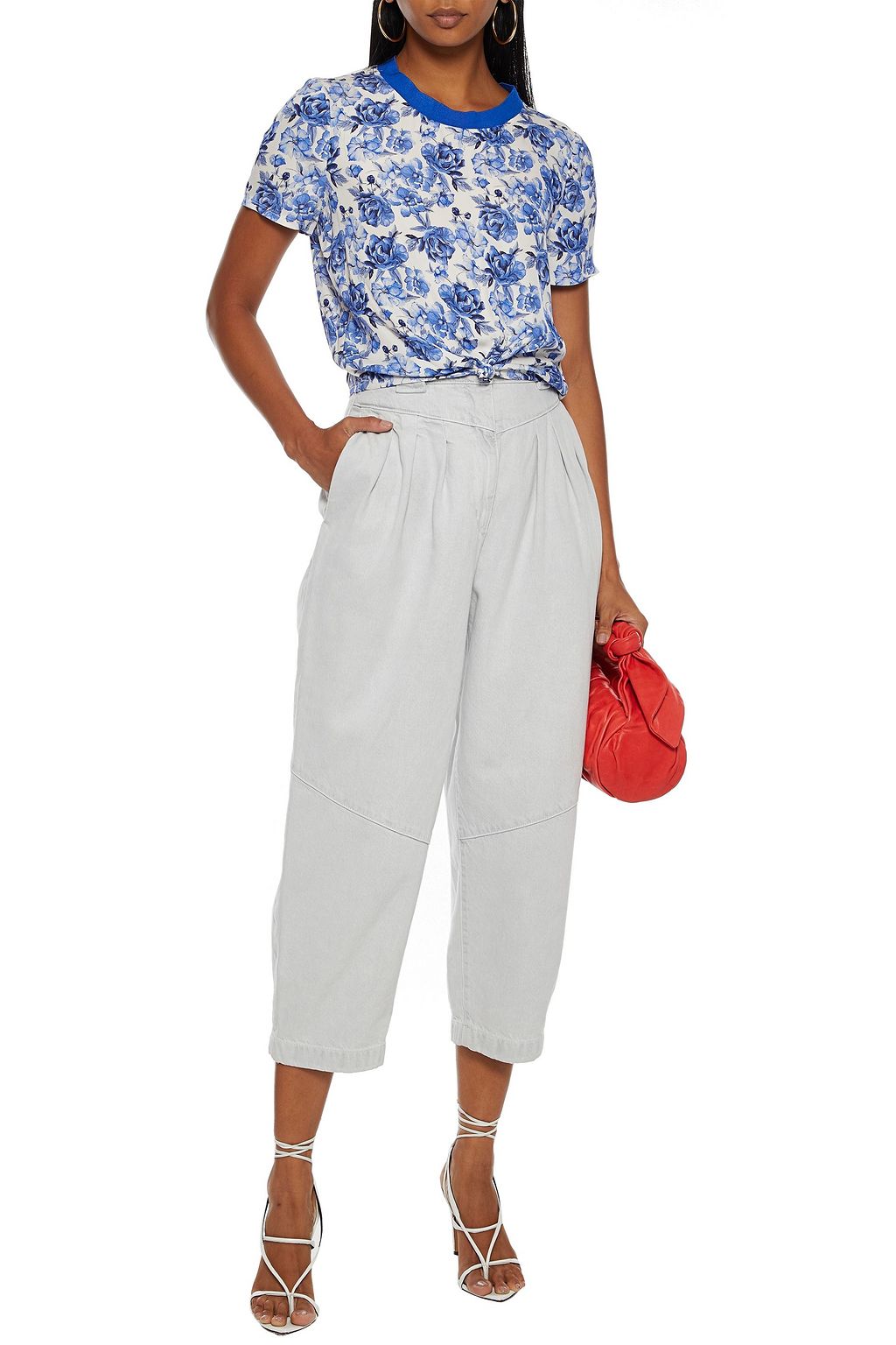ALICE + OLIVIA Kane cropped knotted floral-print crepe de chine top