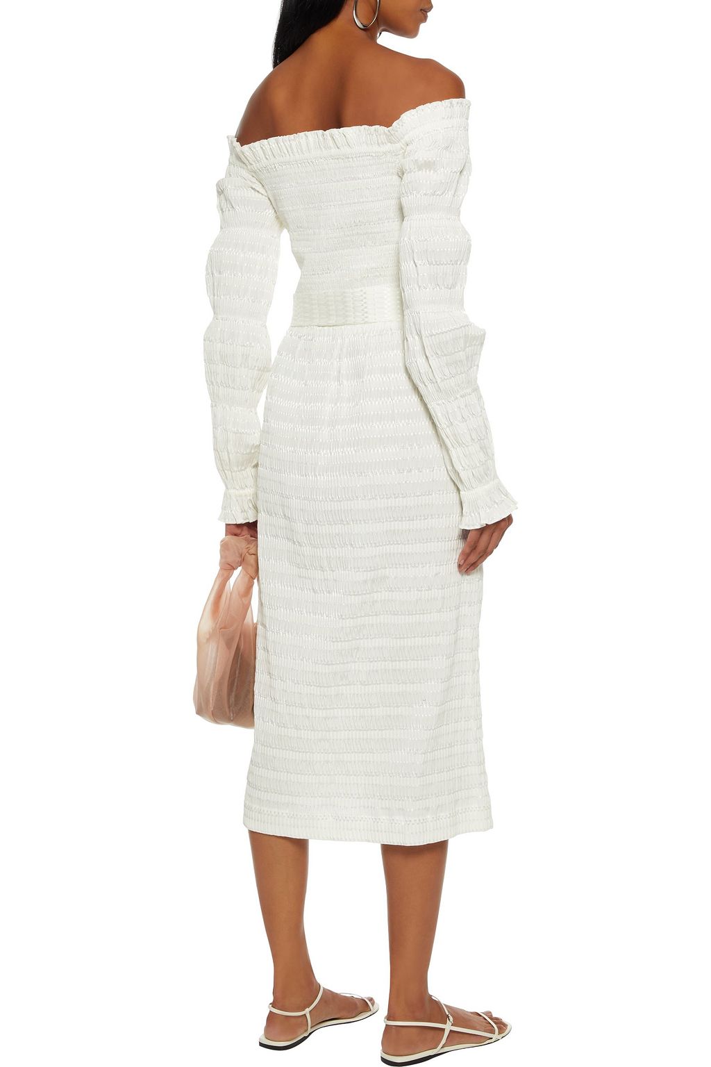 REBECCA VALLANCE Jame off-the-shoulder belted shirred seersucker midi dress