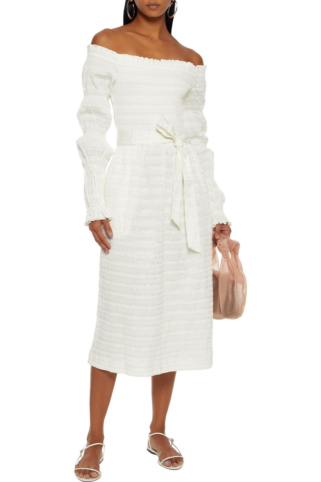 REBECCA VALLANCE Jame off-the-shoulder belted shirred seersucker midi dress