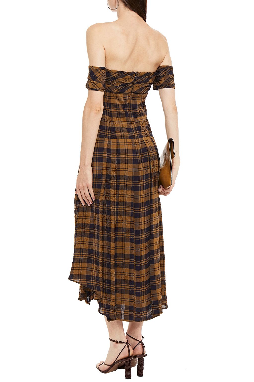 KHAITE Amanda off-the-shoulder pleated checked taffeta midi dress