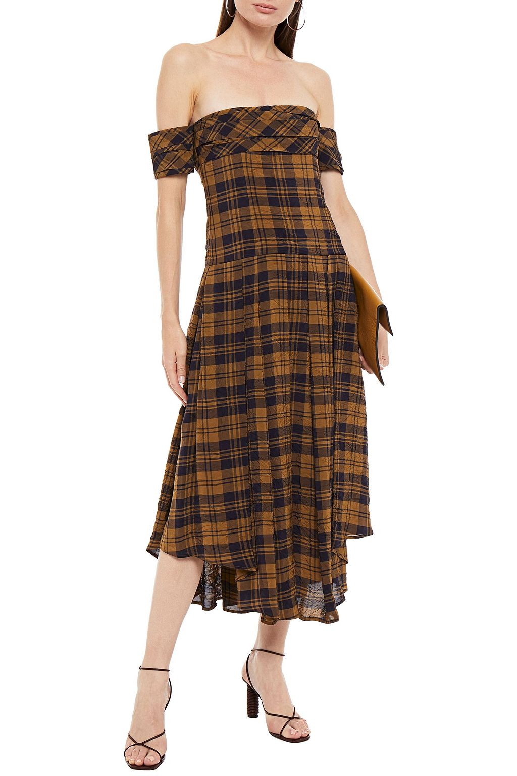 KHAITE Amanda off-the-shoulder pleated checked taffeta midi dress
