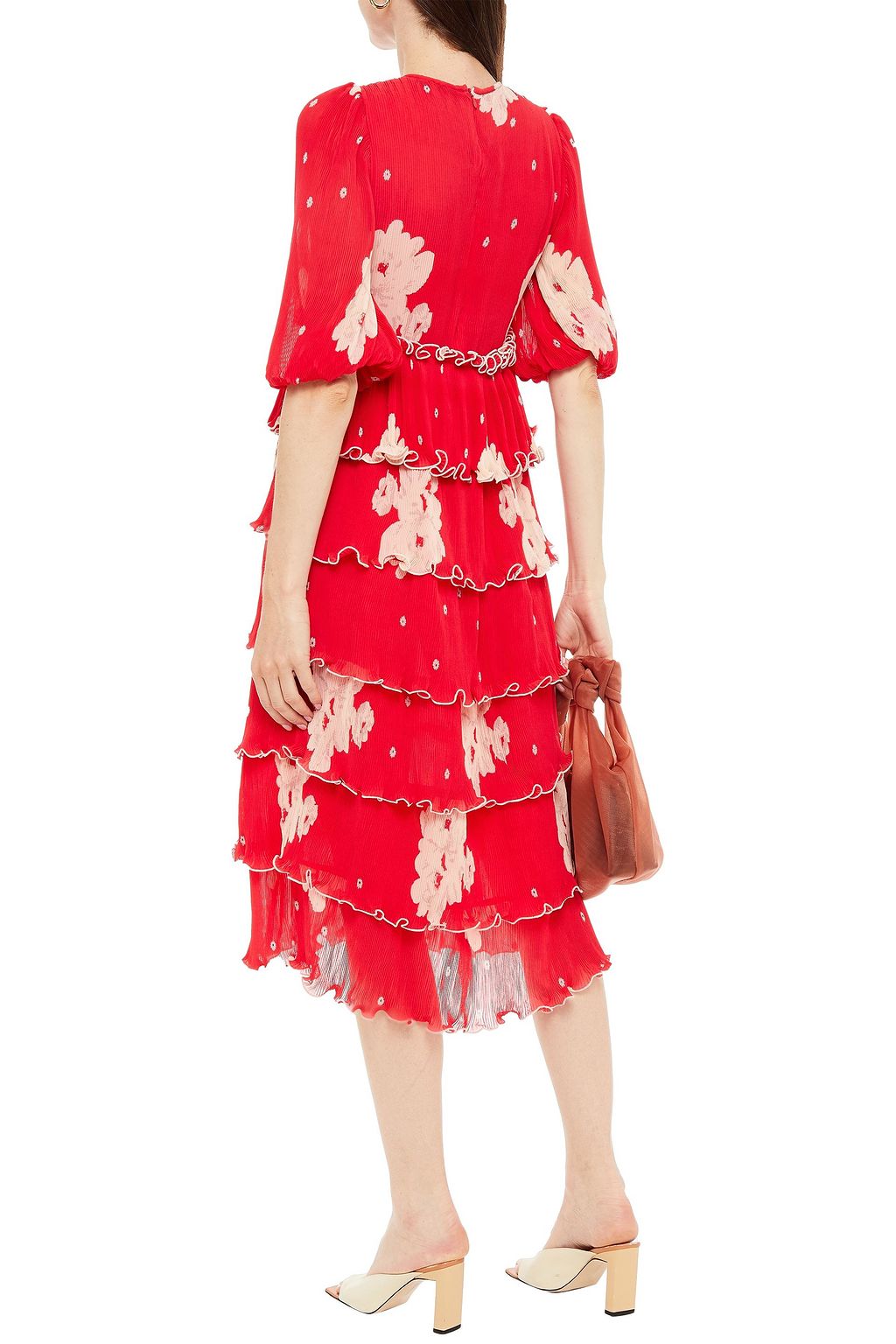 GANNI Tiered floral-print plissé-chiffon midi dress