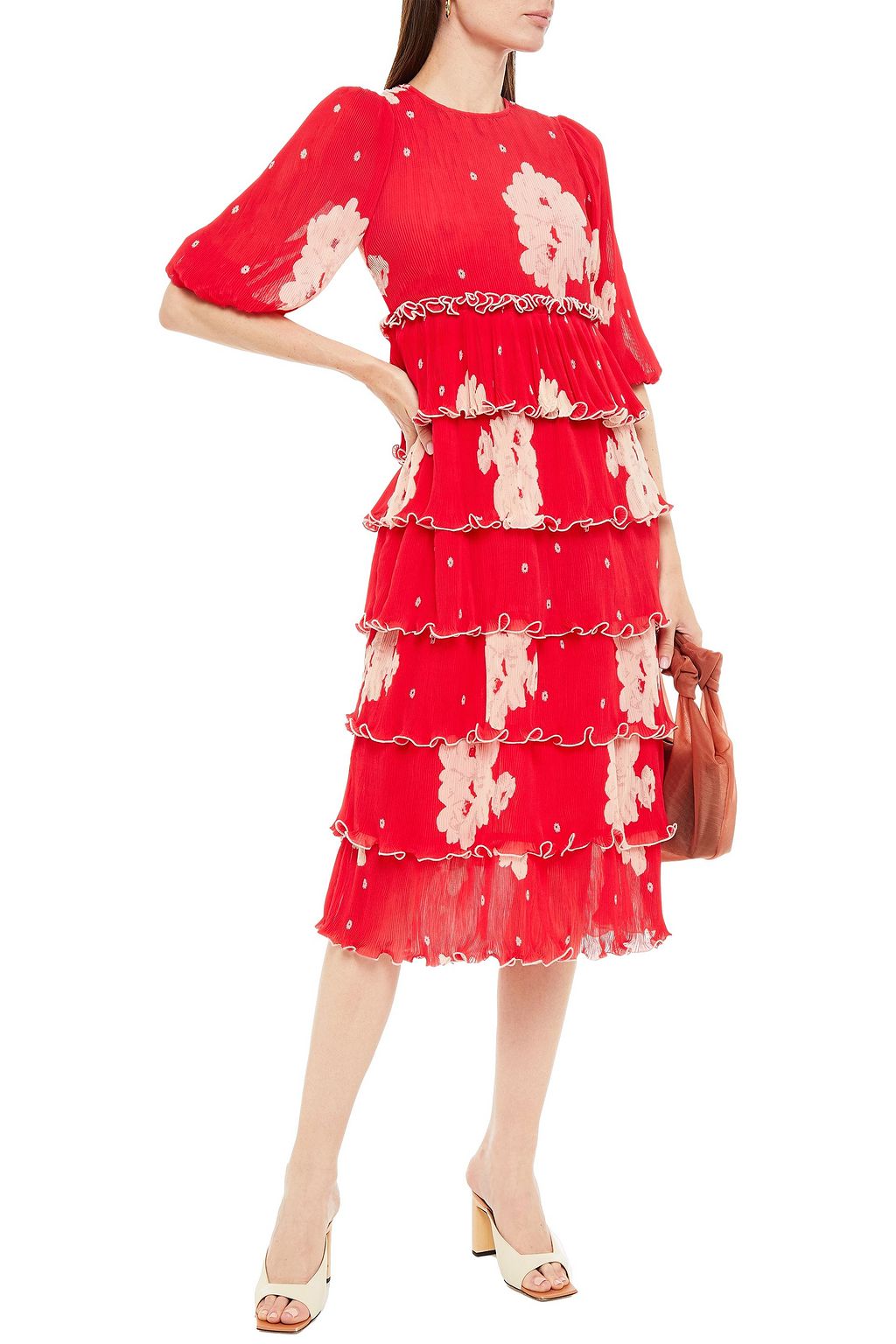 GANNI Tiered floral-print plissé-chiffon midi dress
