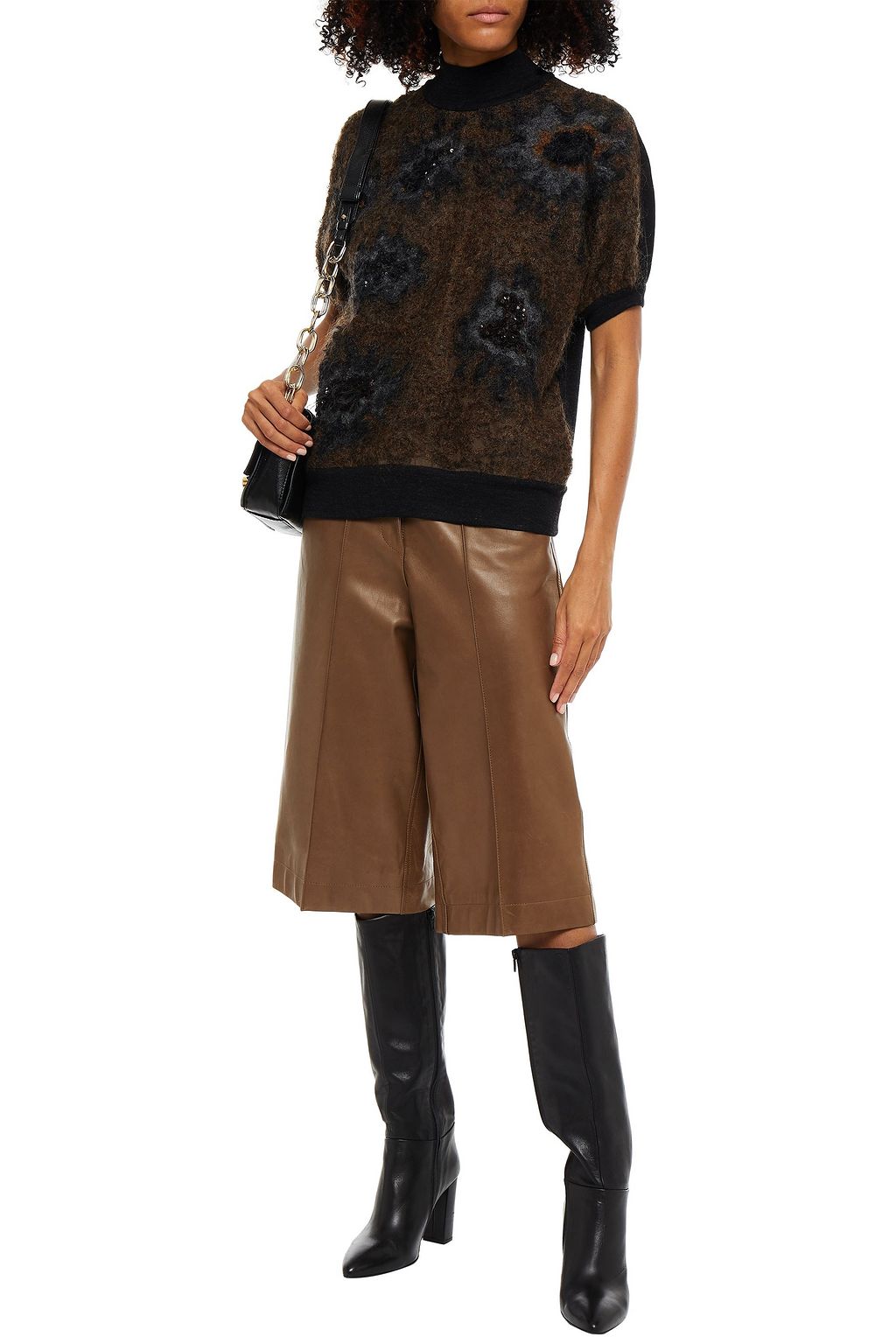 BRUNELLO CUCINELLI Paneled embellished ribbed-knit, bouclé and silk-organza top