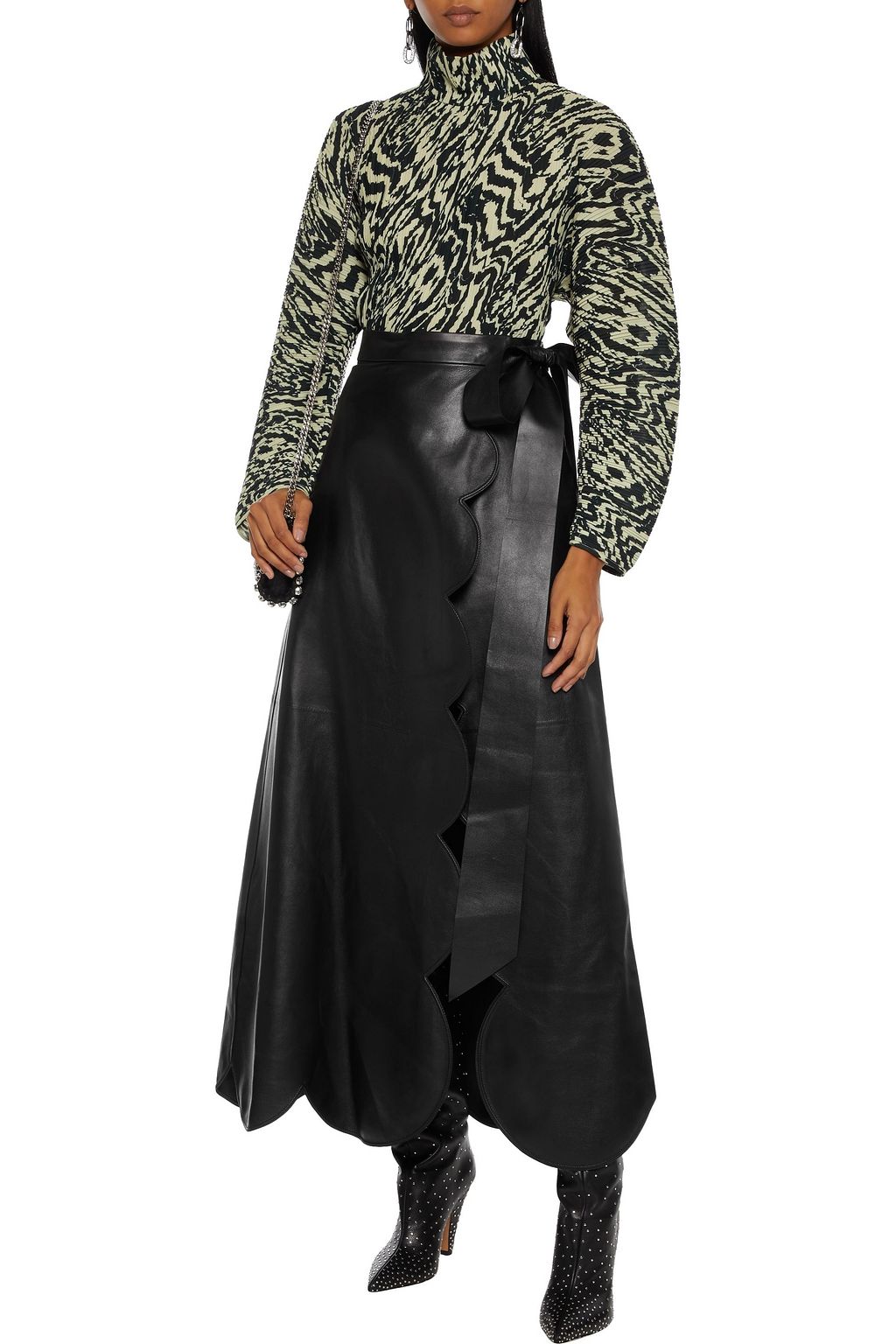 VALENTINO GARAVANI Scalloped leather maxi wrap skirt