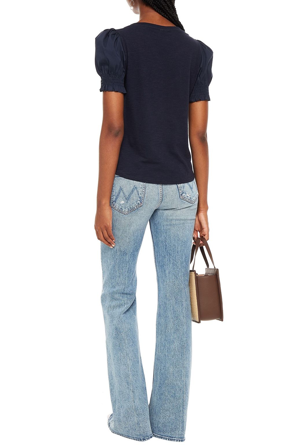 CINQ À SEPT Shirred poplin-paneled slub cotton-jersey top
