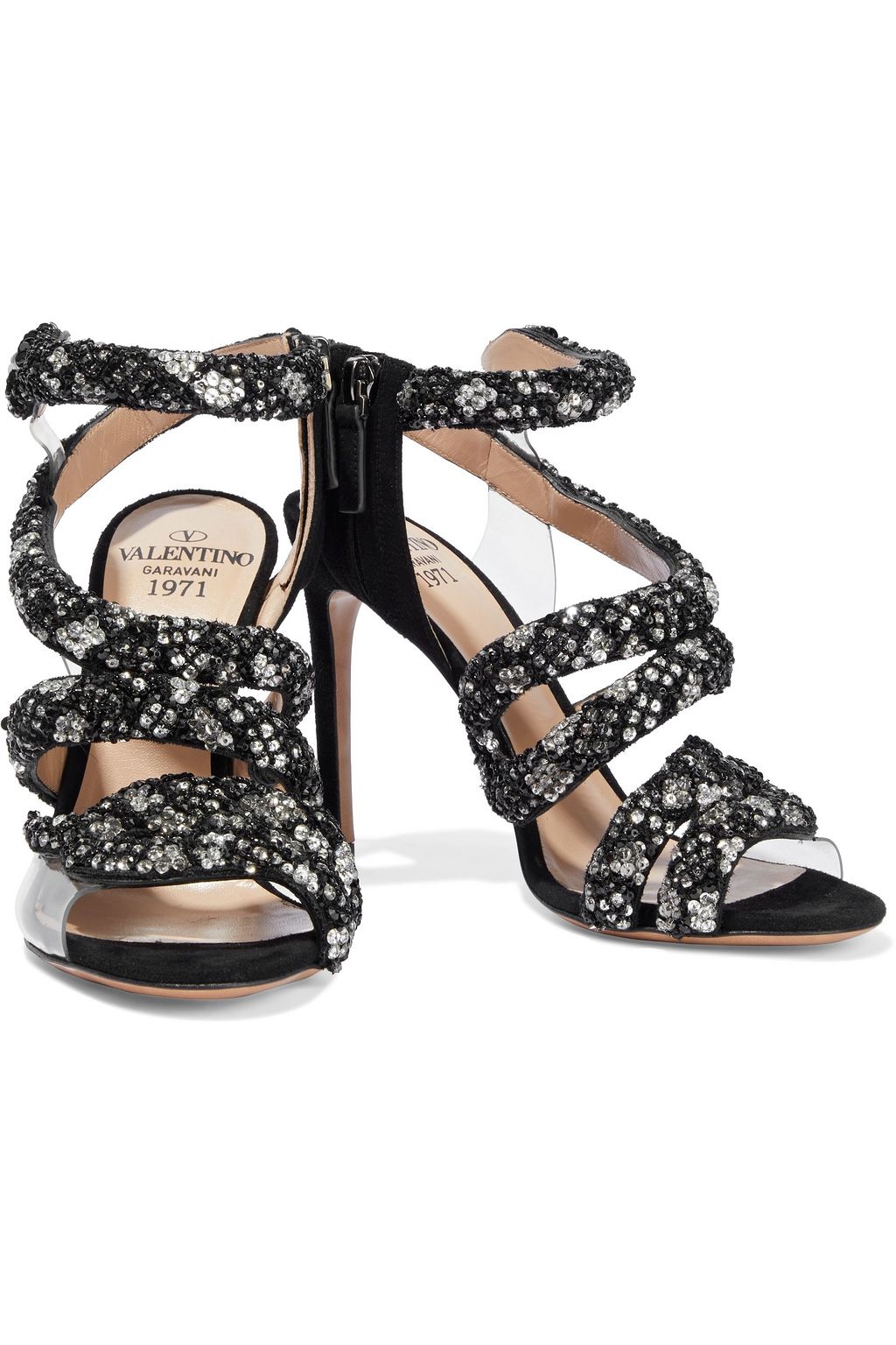 VALENTINO GARAVANI Crystal-embellished suede and PVC sandals