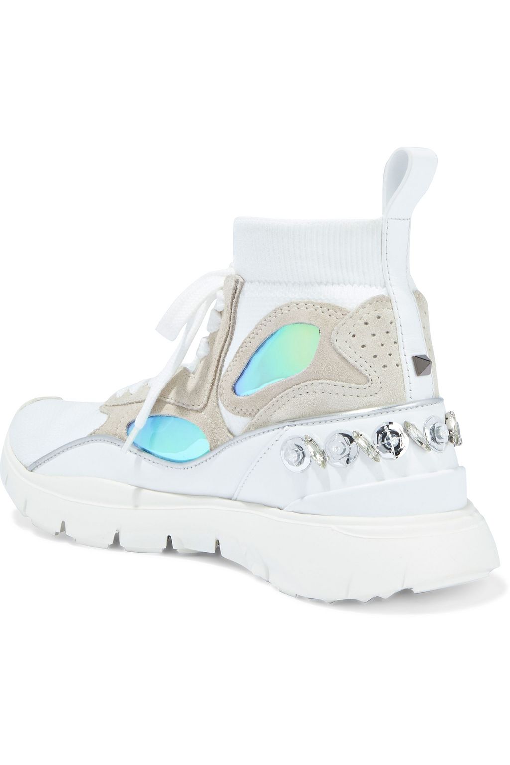 VALENTINO GARAVANI Embellished stretch-knit high-top sneakers